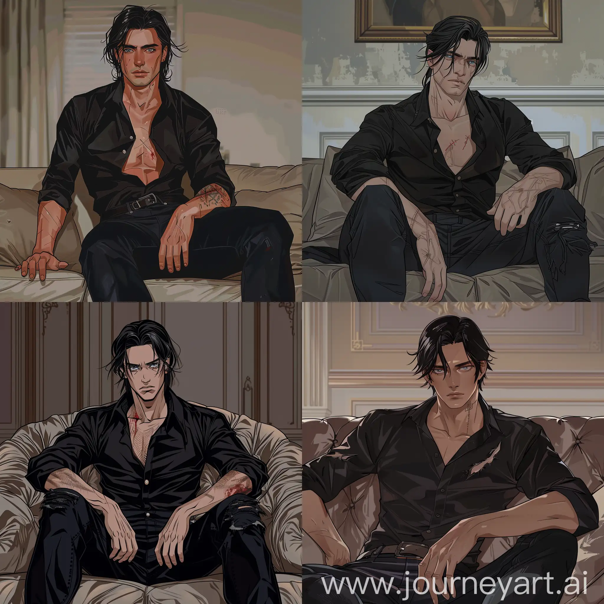 Cinematic portrait illustration of an attractive middle-aged Russian man in anime style. He is elegantly sitting on a sofa, wearing black jeans and a black shirt with rolled up sleeves, top buttons of which are unbuttoned, his medium-length straight black hair is parted in the middle, he has a pale skin, light blue tired eyes, chiseled face with sharp features and no facial hair, a scar goes down on his left cheek, he has muscular body with broad shoulders and big chest, his beefy arms with protruding veins are covered with scars, he has a cold gloomy expression, overall he has neat and stylish look, that speaks of wealth, 90s aesthetic, anime artstyle illustration, line art, high image quality,