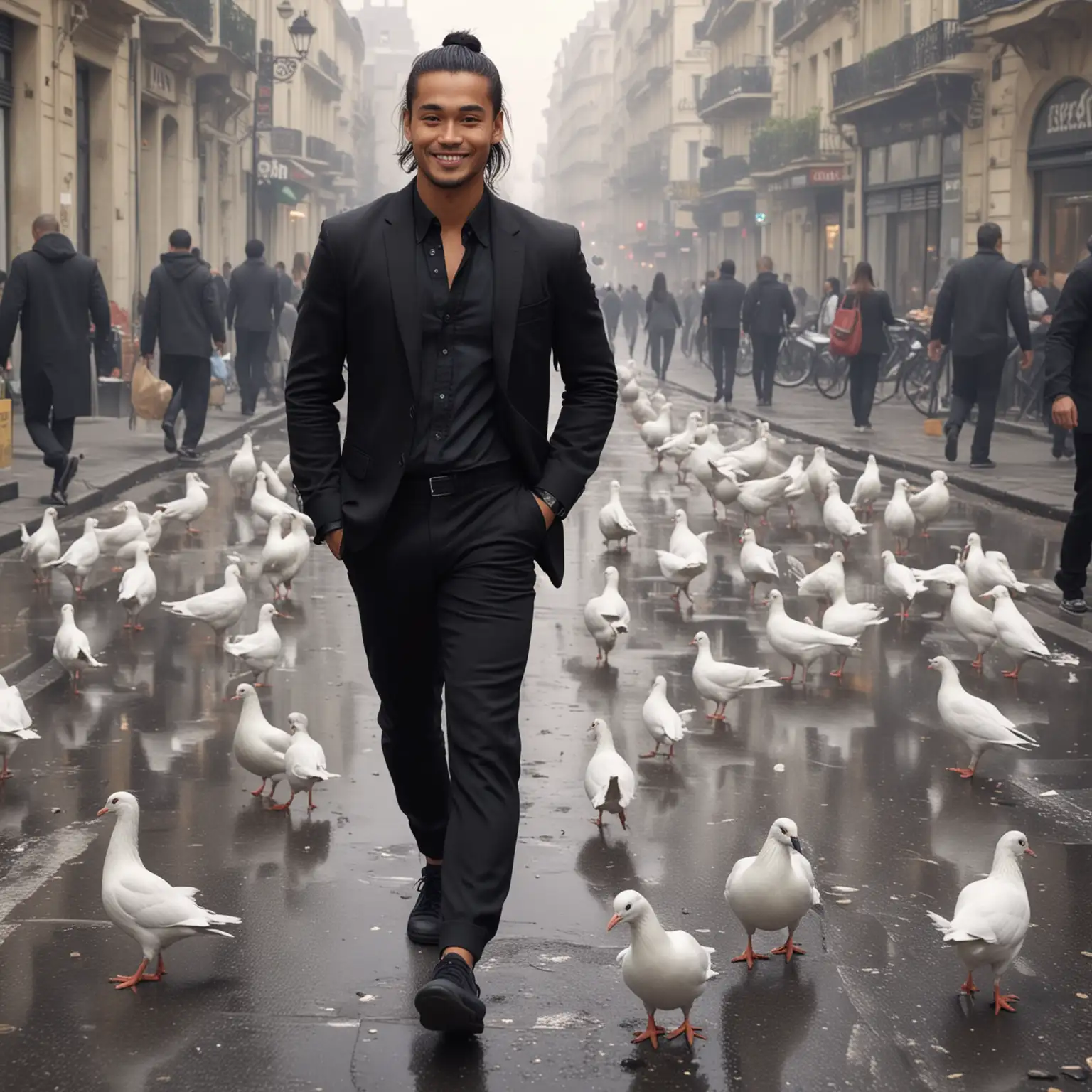 A handsome and athletic Indonesian man with a man Bun hairstyle, clean face, wearing a black suit, black pants, light denim, and sports shoes, smiling sweetly, stepping towards the camera, with a background of busy, misty Paris in the morning, with white pigeons searching for food on the street. It looks very clear, realistic, ultra HD, 8k.