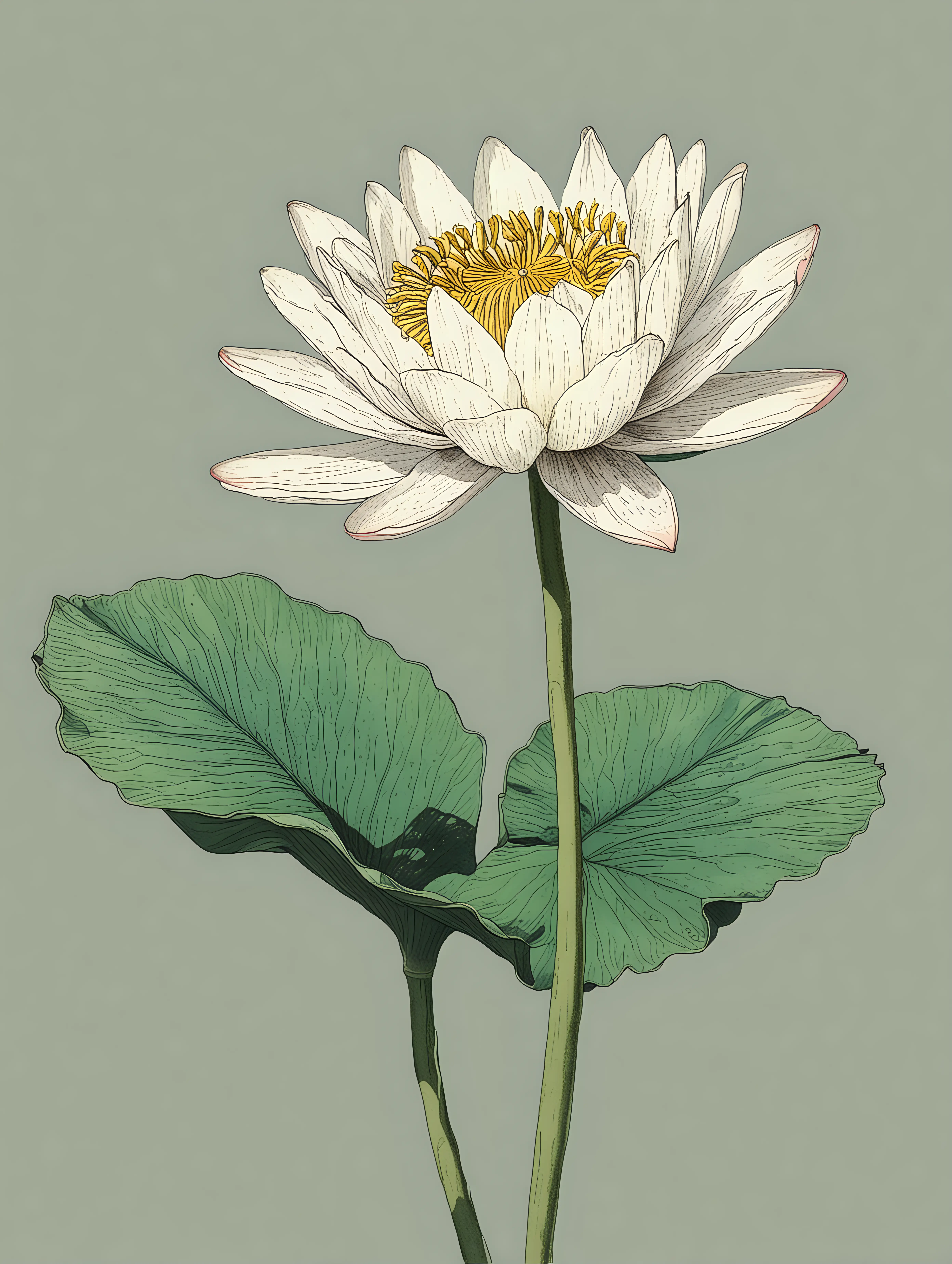 simple line drawing of a water lily colored in and  in john Audubon style