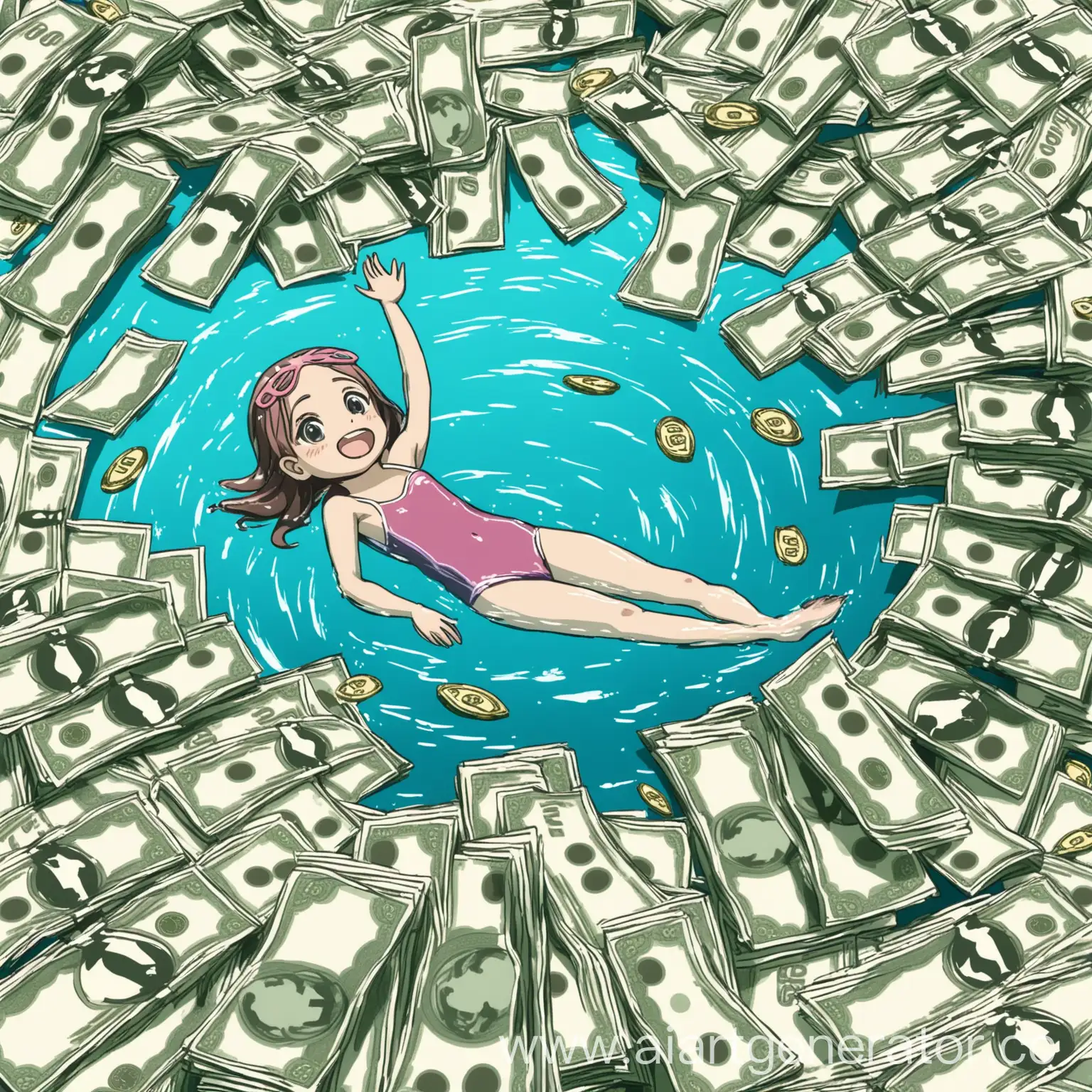 Girl swimming in money
