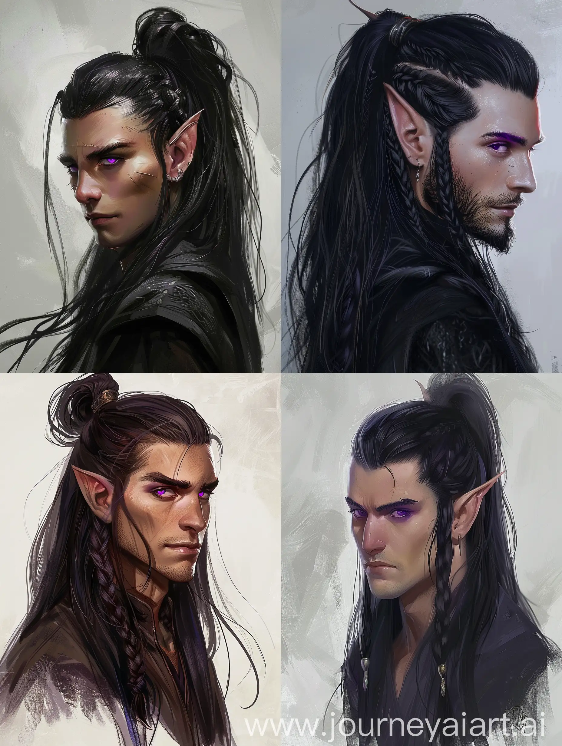 dnd elf man, long black hair, high ponytail braid, purple eyes