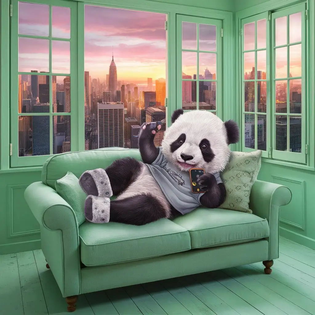 Baby panda, sitting on the sofa playing with mobile phone, very cute, wearing T-shirt and slippers, mint green living room, floor-to-ceiling windows, sunset, outside the window is the city, dreamy, anthropomorphic image