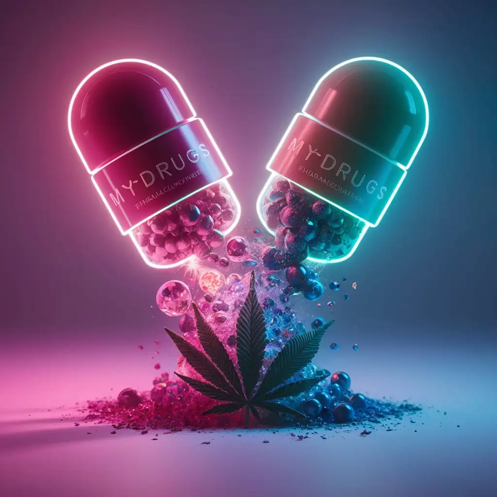Neon-Glow-MyDrugs-Capsule-with-Sparkling-Crystals-and-Marijuana-Leaves
