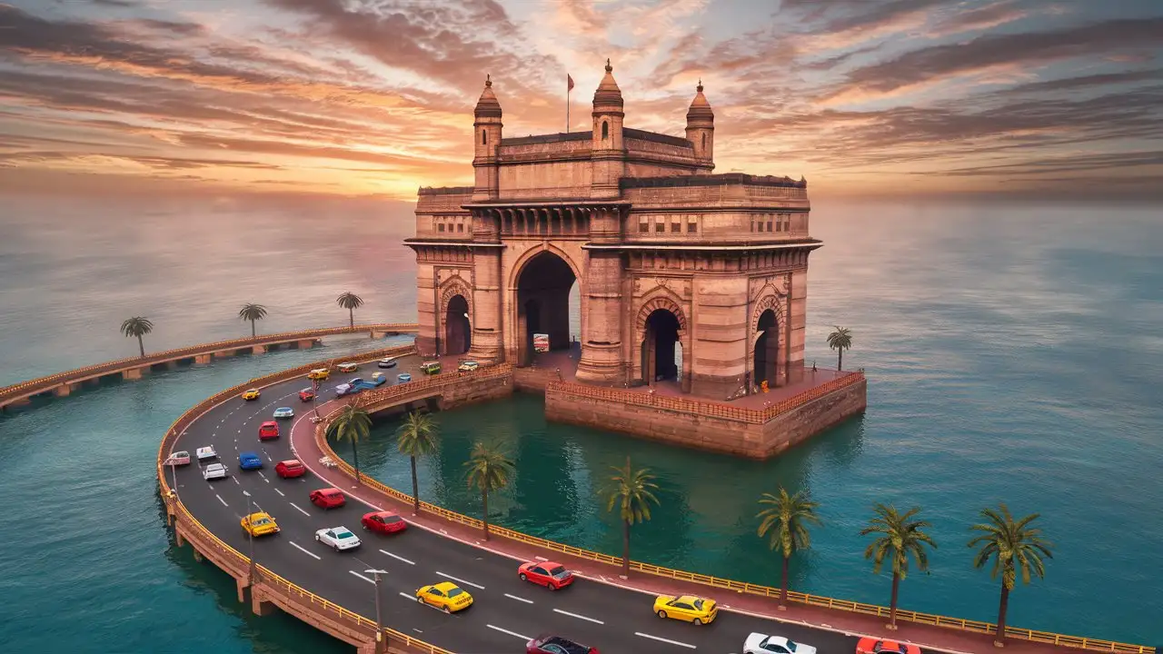 Drone view, Gateway of India in the middle of cyan sea with curved zigzag road to it from Mumbai, palm trees on each side of road, cars on road, sunset, vibrant colours, 8k