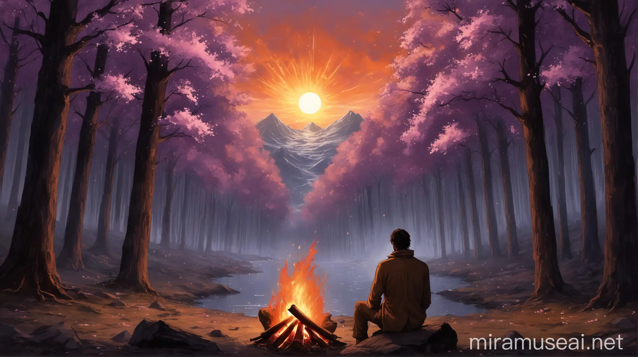 Since I can't generate images directly, I'll do my best to describe the scene in a way that might help you visualize it:

The man in his thirties sits tall and straight, his silhouette outlined against the glowing embers of the campfire. He wears a simple yet rugged attire, fitting for the wilderness he finds himself in. His hair, dark and tousled, falls just above his shoulders. Despite his back being turned, there's a sense of strength and determination in his posture, hinting at a journey filled with trials and battles.

The forest around him is lush and vibrant, with towering trees reaching towards the sky. Cherry blossom trees stand out among the greenery, their delicate pink blooms adding a touch of ethereal beauty to the scene. The setting sun casts a warm golden glow over the landscape, painting the sky in hues of orange and purple.

As the man sits by the campfire, his gaze is fixed on the horizon, where the sun dips below the mountains in the distance. It's a moment of quiet reflection amidst the chaos of his world, a chance to find solace in the tranquility of nature before he continues on his journey.
