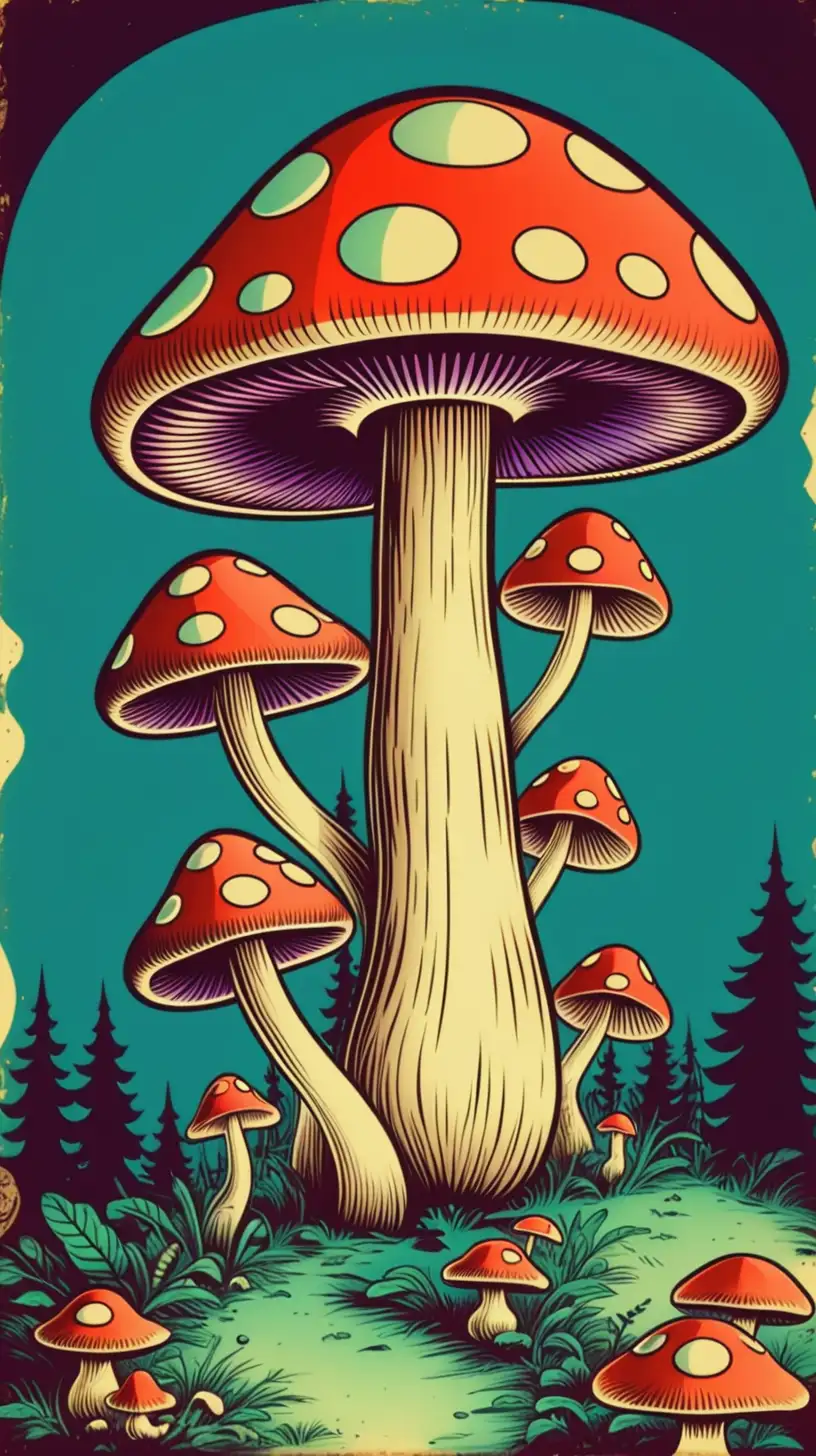 Vintage cartoon art of a trippy mushroom, Vintage cartoon, Retro colors,