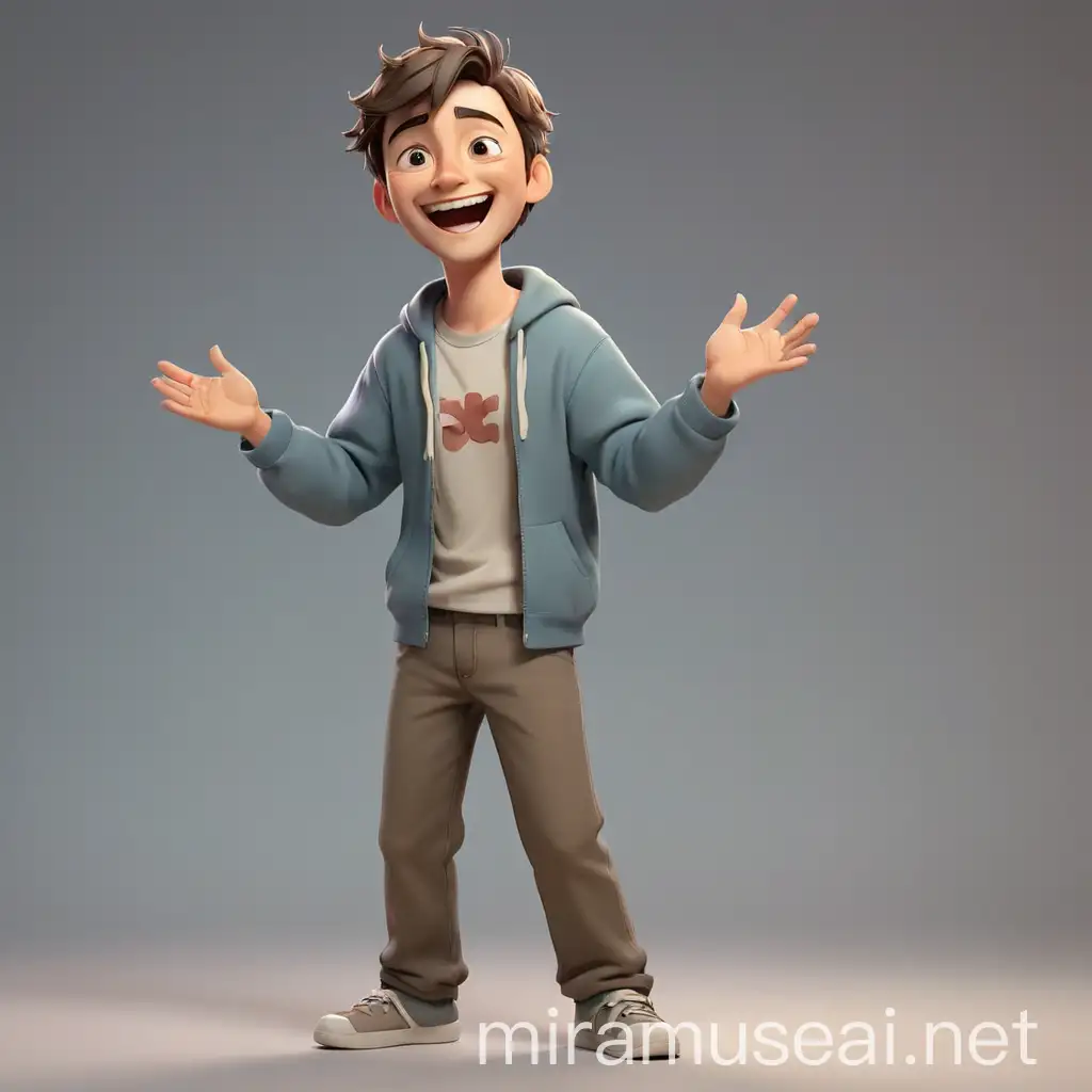 A full-body image of a man in his twenties, wearing comfortable clothing, depicted in a semi-chibi 3D style, clapping and laughing.