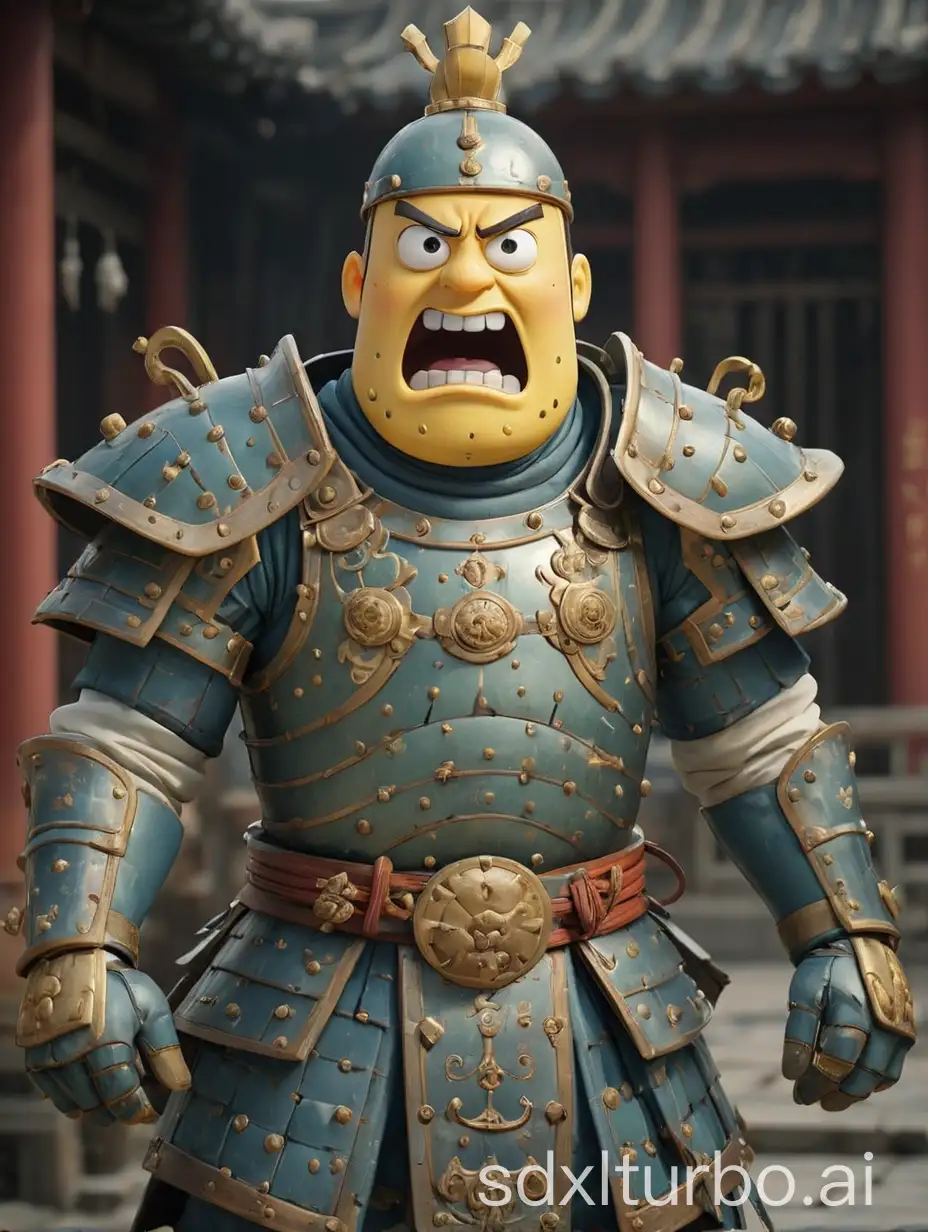 wear Ming Dynasty armor, expression cold and ruthless SpongeBob