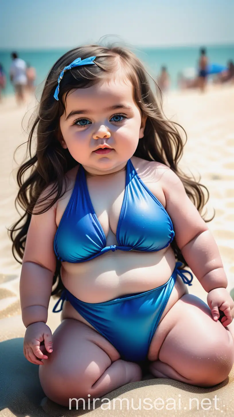 Очень толстая жирная девочка ребенок  с темными длиными волосами лежит в синем дорогом купальники на пляже дубая, рядом с ней красивое море и светит солнце