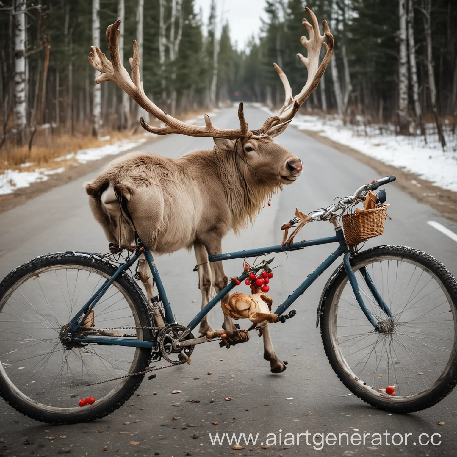 Plump-Yakut-Riding-Bicycle-with-Reindeer-Companion
