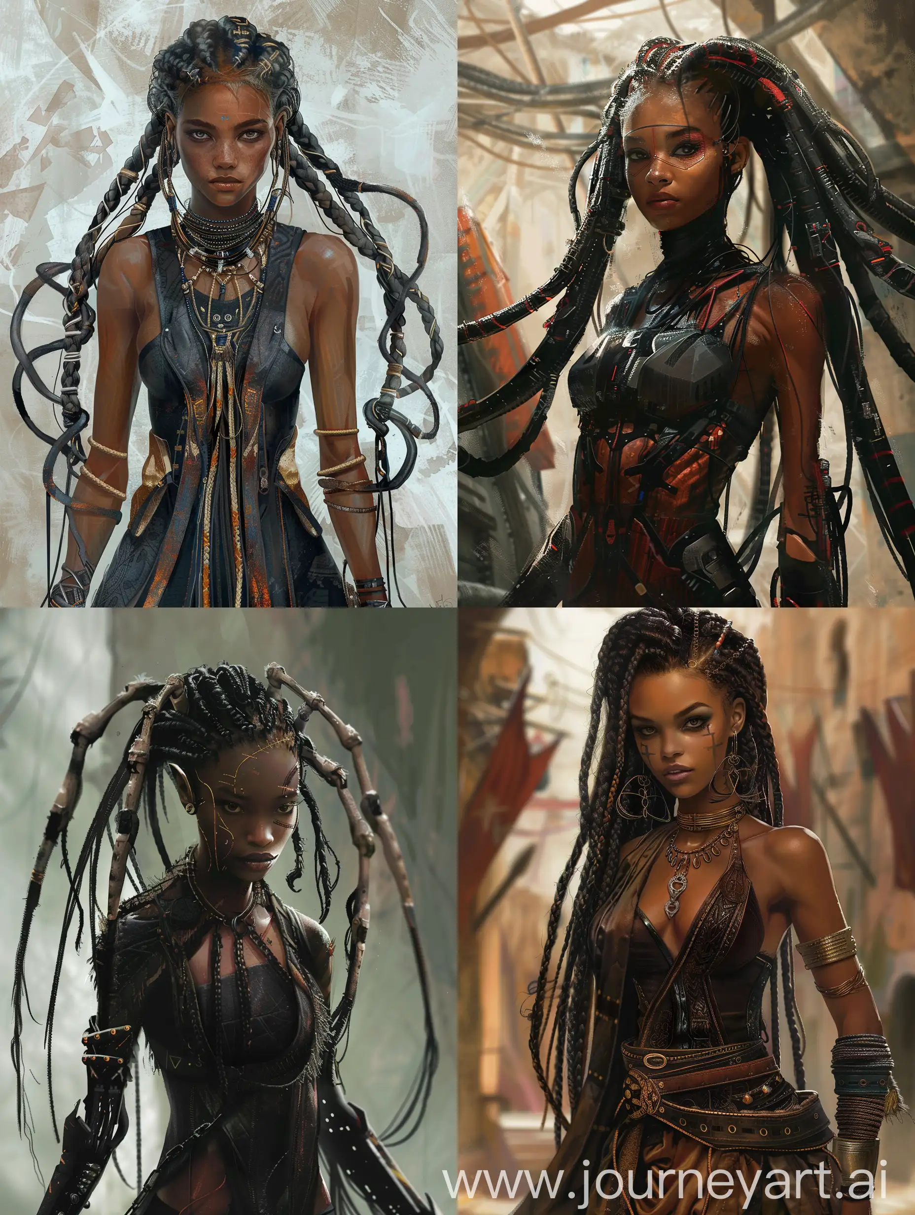 An amazing raw realistic 20 different combined art style of digital composition. 

An extremely tall and extremely beautiful advanced alien woman: 

(( Dark skin + unique beauty + multiple arms + dark eyes + long braided hair. )) 

-- stylize -- Raw -- V6 -- MIDJOURNEY -- oil painting.
