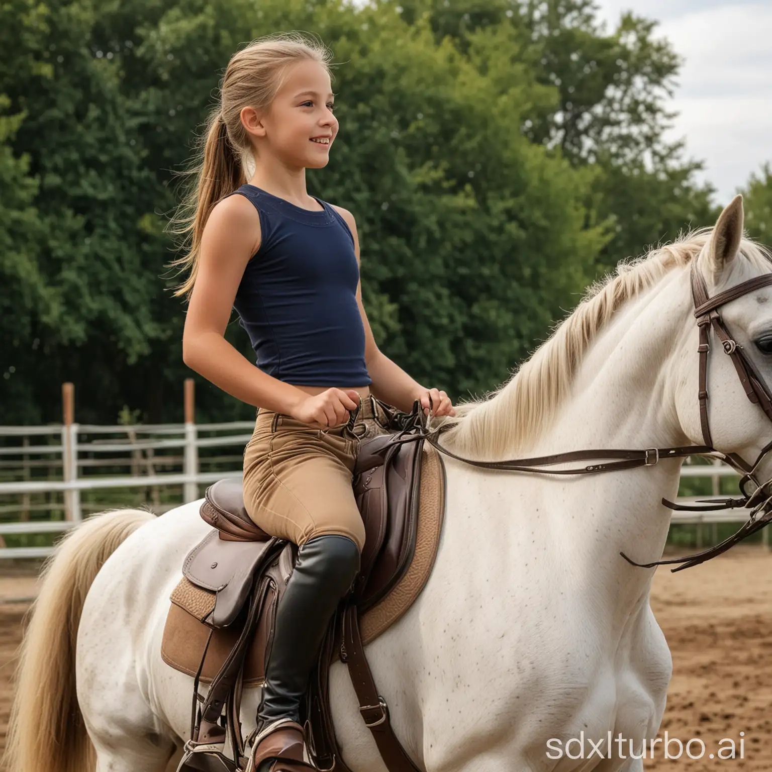 10 year old girl in crop top and tight jodhpurs riding bareback a horse astride. View from the side of the horse