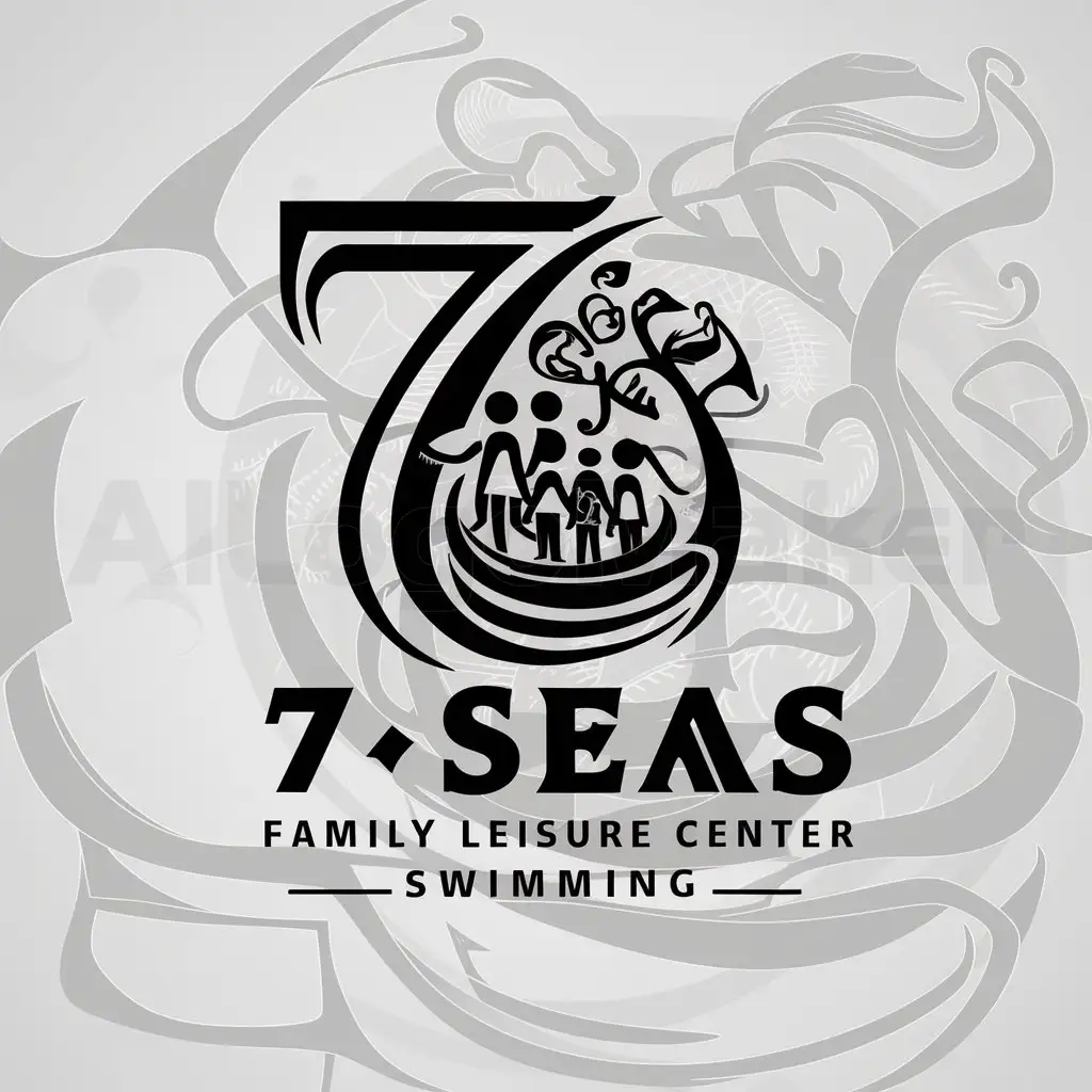 a logo design,with the text "7 seas family leisure center swimming", main symbol:Family and sea legend,complex,be used in Entertainment industry,clear background