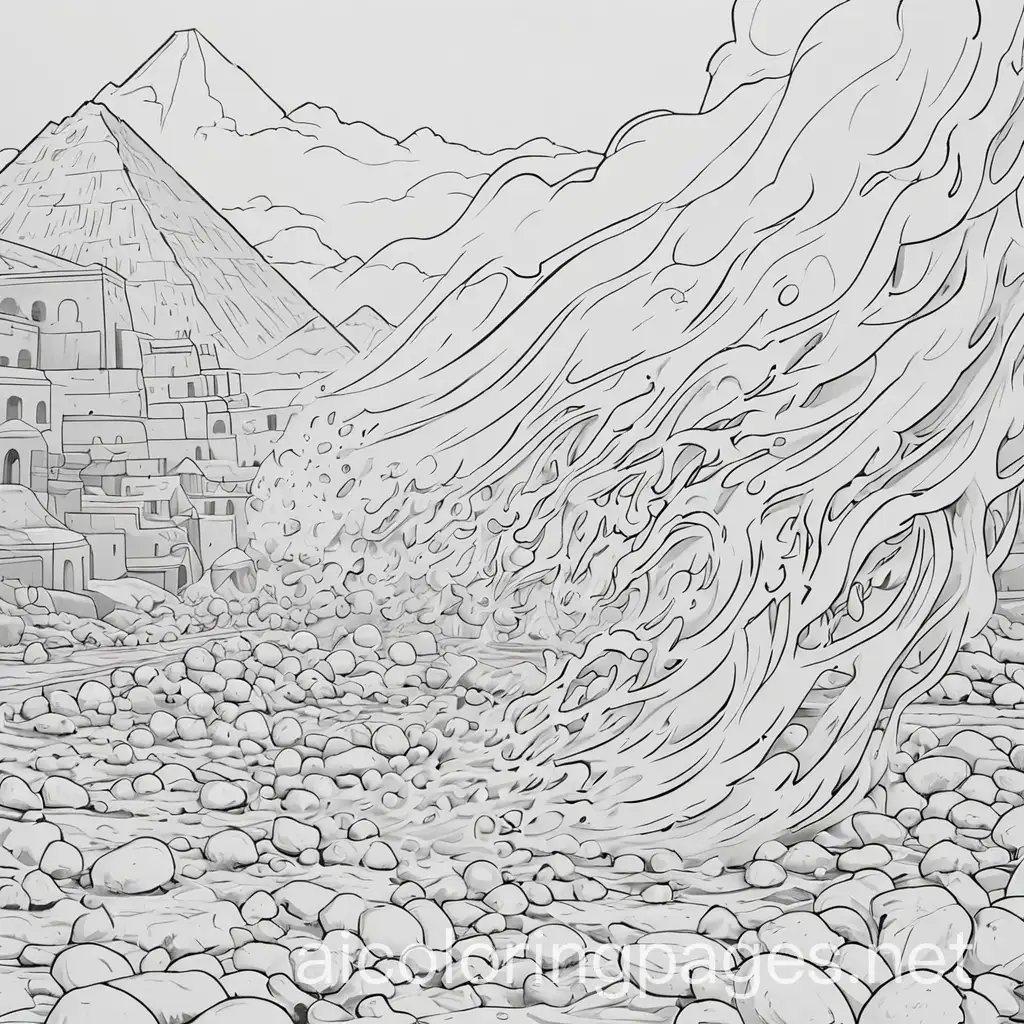 an image of the plague of hail mixed with fire in Egypt black and white coloring page, Coloring Page, black and white, line art, white background, Simplicity, Ample White Space, The background of the coloring page is plain white to make it easy for young children to color within the lines. The outlines of all the subjects are easy to distinguish, making it simple for kids to color without too much difficulty
