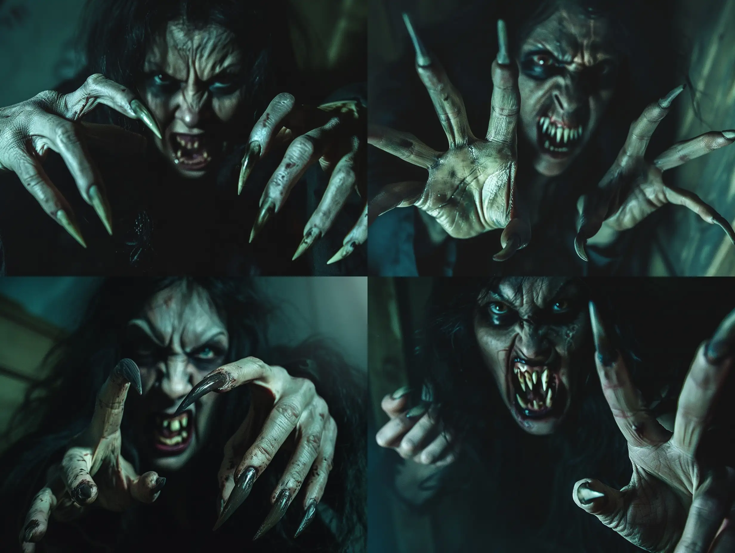 Subject: The main subject of the image is a wild and ugly vampire woman, depicted in a photorealistic style. She has extra long pointed fingernails resembling claws, and her mouth is open with fang-like teeth, giving her a threatening appearance. 
Setting: The scene is set inside a dark room, adding to the eerie atmosphere. The darkness enhances the horror element and creates a cinematic feel. 
Style/Coloring: The image is hyper-realistic with high detail and photo detailing, contributing to the photorealistic quality. The coloring is dark and haunting, with atmospheric lighting intensifying the creepy vibe. 
Action/Items: The vampire woman appears to have just emerged from the darkness, adding a sense of suspense and fear. Her posture and expression convey aggression and terror. 
Costume/Appearance: The vampire's appearance is grotesque and terrifying, with detailed nails and realistic anatomy, including five fingers on each hand. Her undead look suggests that she has climbed out of a grave. 
Accessories: The vampire's only accessories are her long, pointed fingernails, which resemble the claws of a predator, enhancing her menacing appearance.