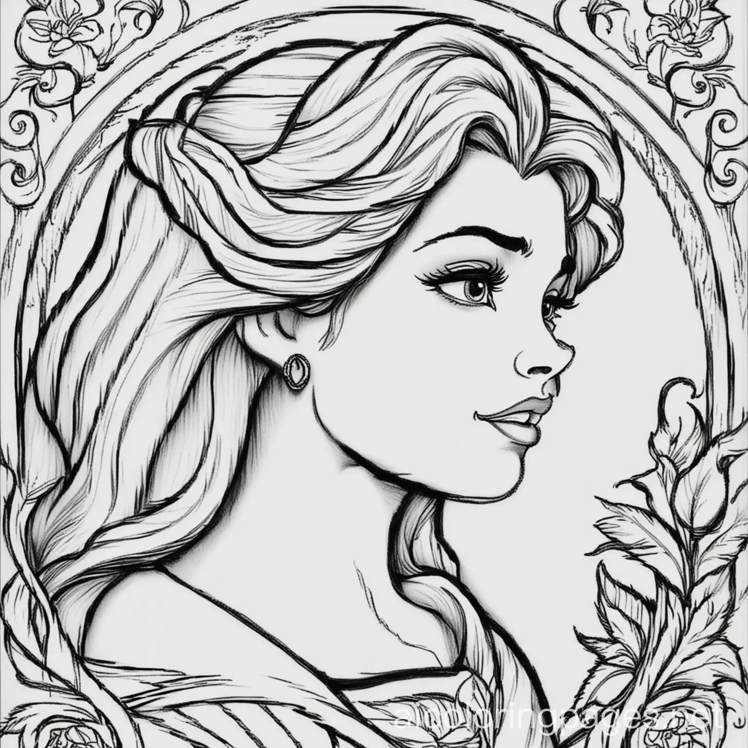 Beauty and the beast, Coloring Page, black and white, line art, white background, Simplicity, Ample White Space. The background of the coloring page is plain white to make it easy for young children to color within the lines. The outlines of all the subjects are easy to distinguish, making it simple for kids to color without too much difficulty