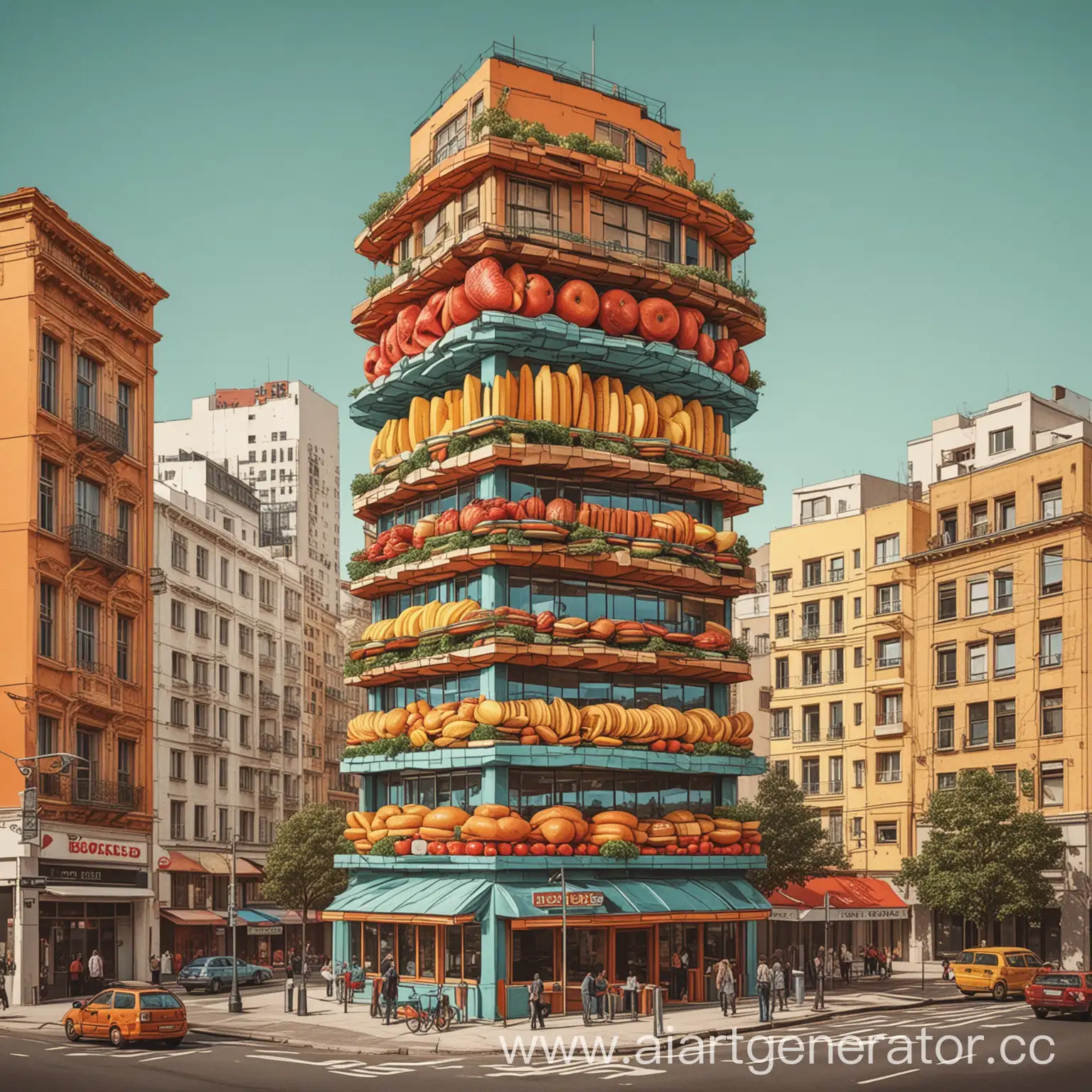 создать постер архитектора который рисует еду в форме здания в стиле поп арт