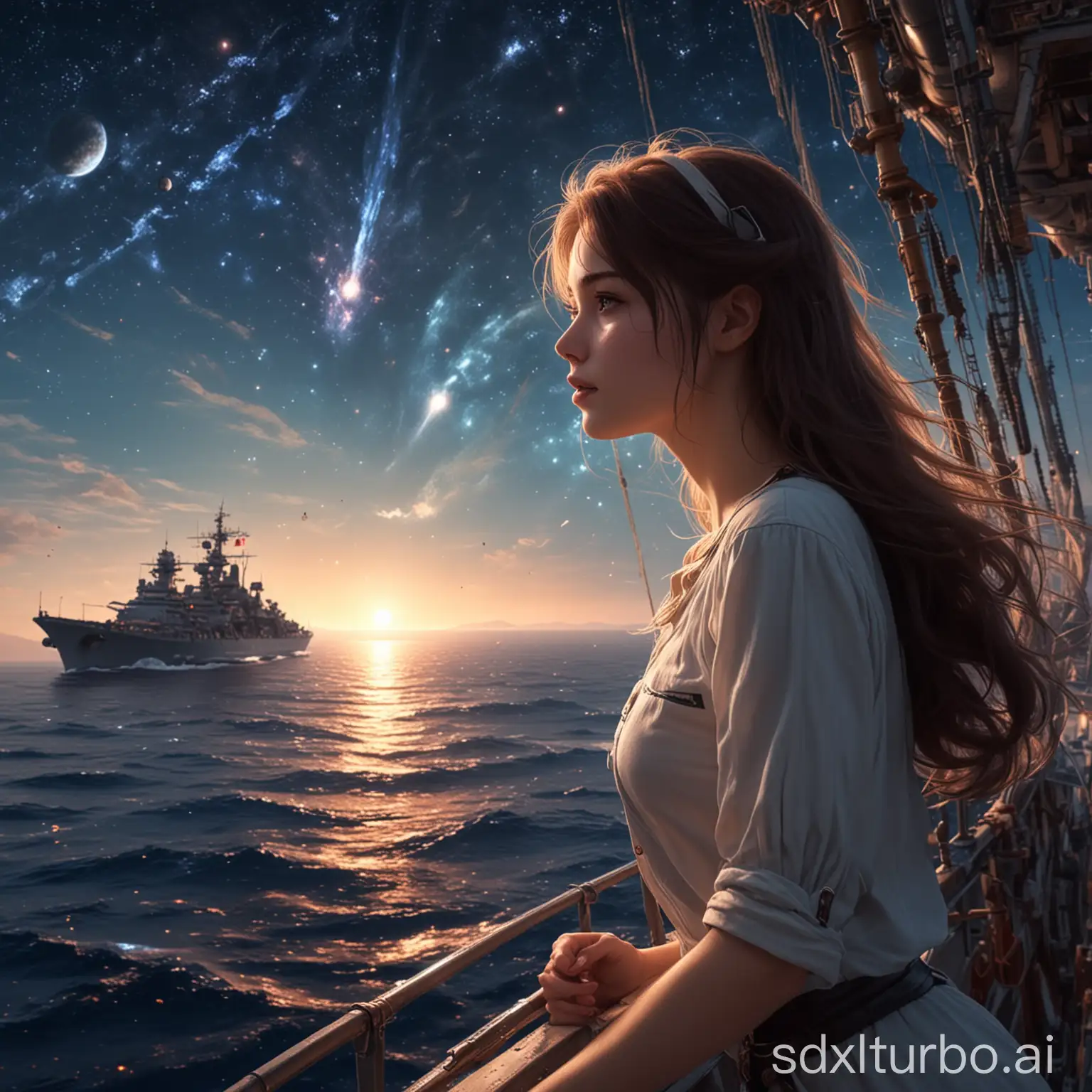 Tranquil-Girl-Amidst-Majestic-Warships-Under-a-Starlit-Sky