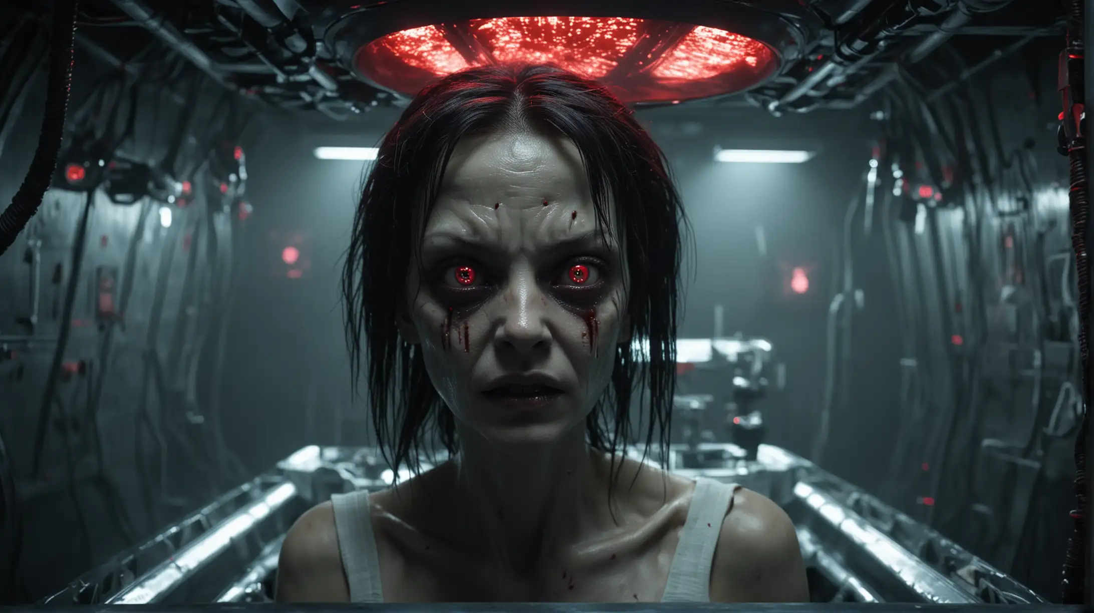 A evil and sinister looking alien with red eyes in a scary dark spaceship room operating on terrified female human abductee on a operating table