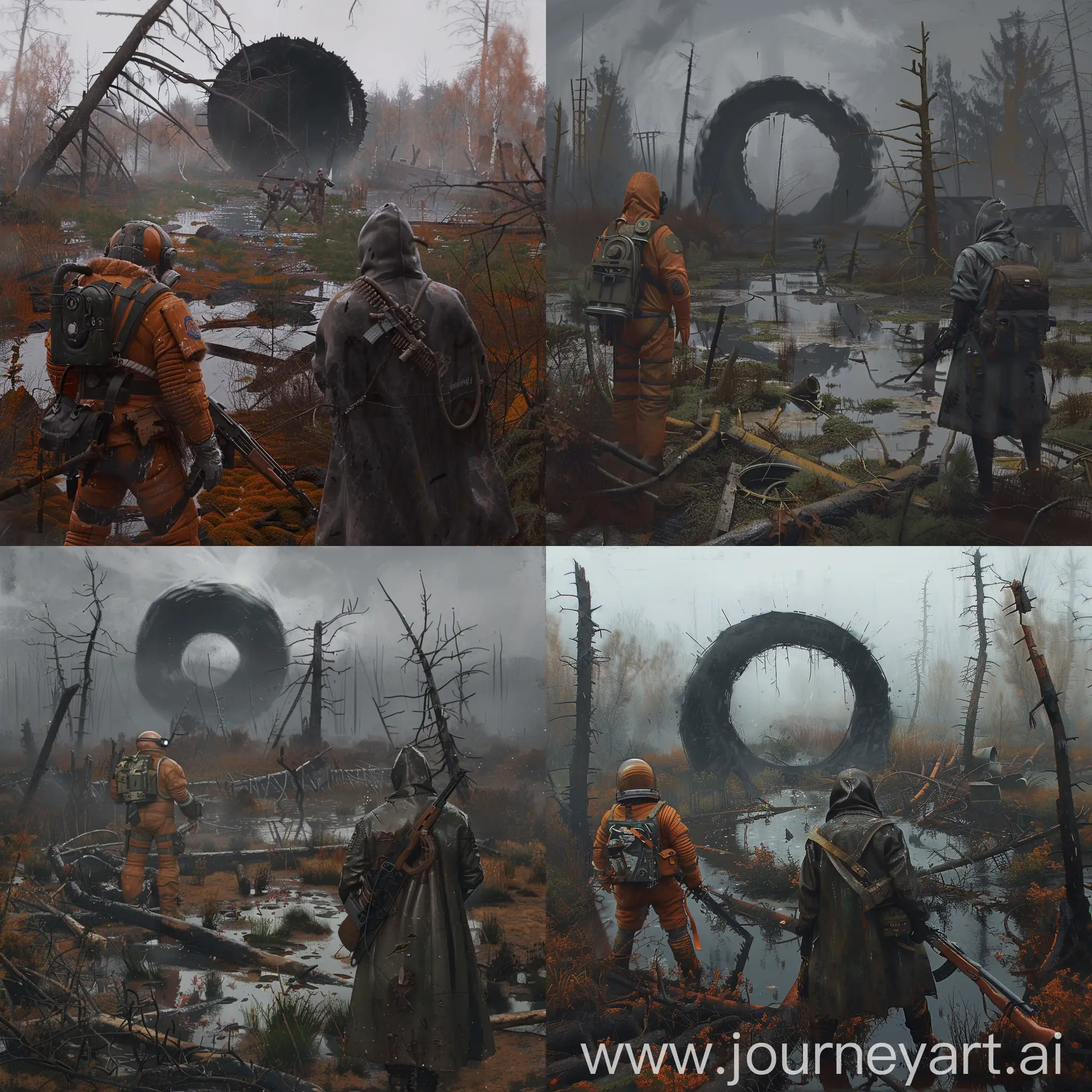 S.T.A.L.K.E.R. art, a dirty toxic swamp, abandoned Chernobyl, an abandoned village, a large black cosmic hole sucking in everything close around it, 2 characters, the first character is dressed in an orange Soviet space suit, in front of this character is a stalker in a dark gray dirty leather raincoat with a gas mask on his face with a small backpack on his back and with a Dragunov SVD sniper rifle in his hands, the weather is a gloomy autumn.