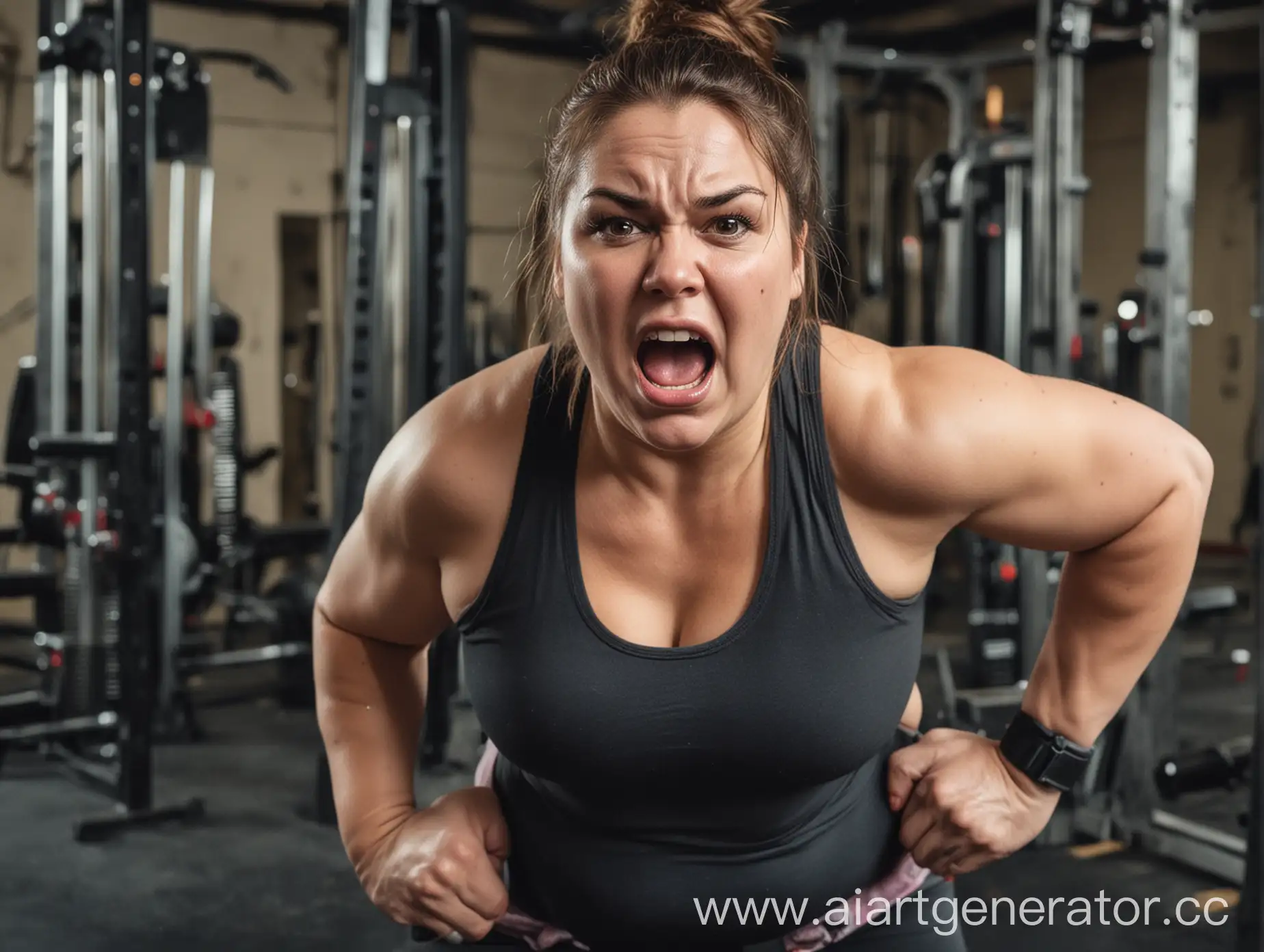 Толстая женщина в спортзале тренируется с измученным лицом