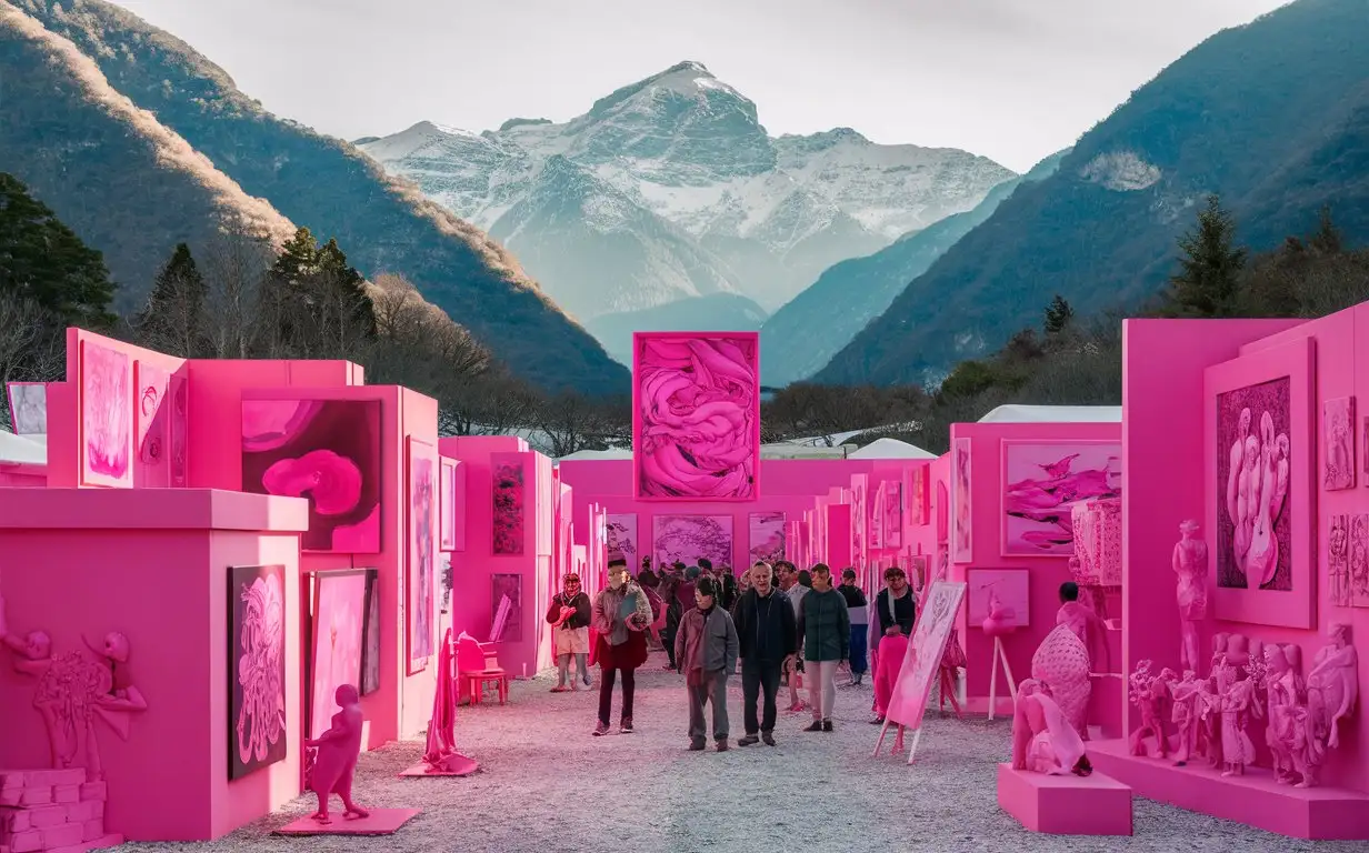 маркет современного искусства, рынок с картинами и инсталяциями розового цвета, на природе в горах