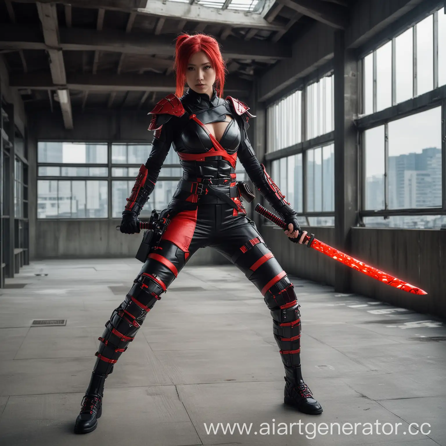 modern shinobi girl, with red photon katana, and cyber ninja suit, in the tokyo building roof