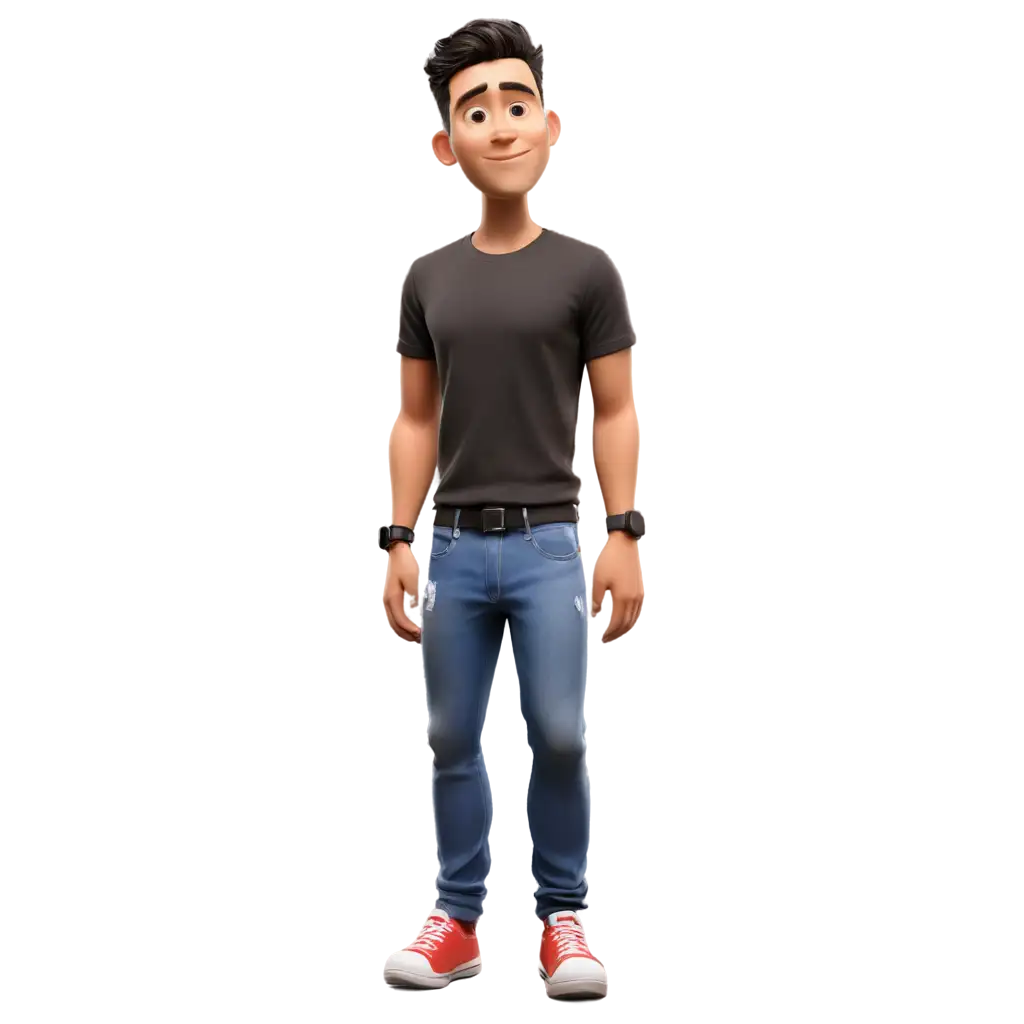 a 3D full body caricature realistic rendered Disney Pixar style. Big head and tiny. A 30 years old Indonesian man, crossing hand posed, wearing ripped blue jeans and a black t-shirt with XMPL text in the chest, looking to camera. Tall, tiny body, oval chin, slightly eyes, bright skin. Body position is clearly visible. Isolated on solid white background. Use soft photography lighting with hair lights, edge lights, and top lights. Very high detailed photo.