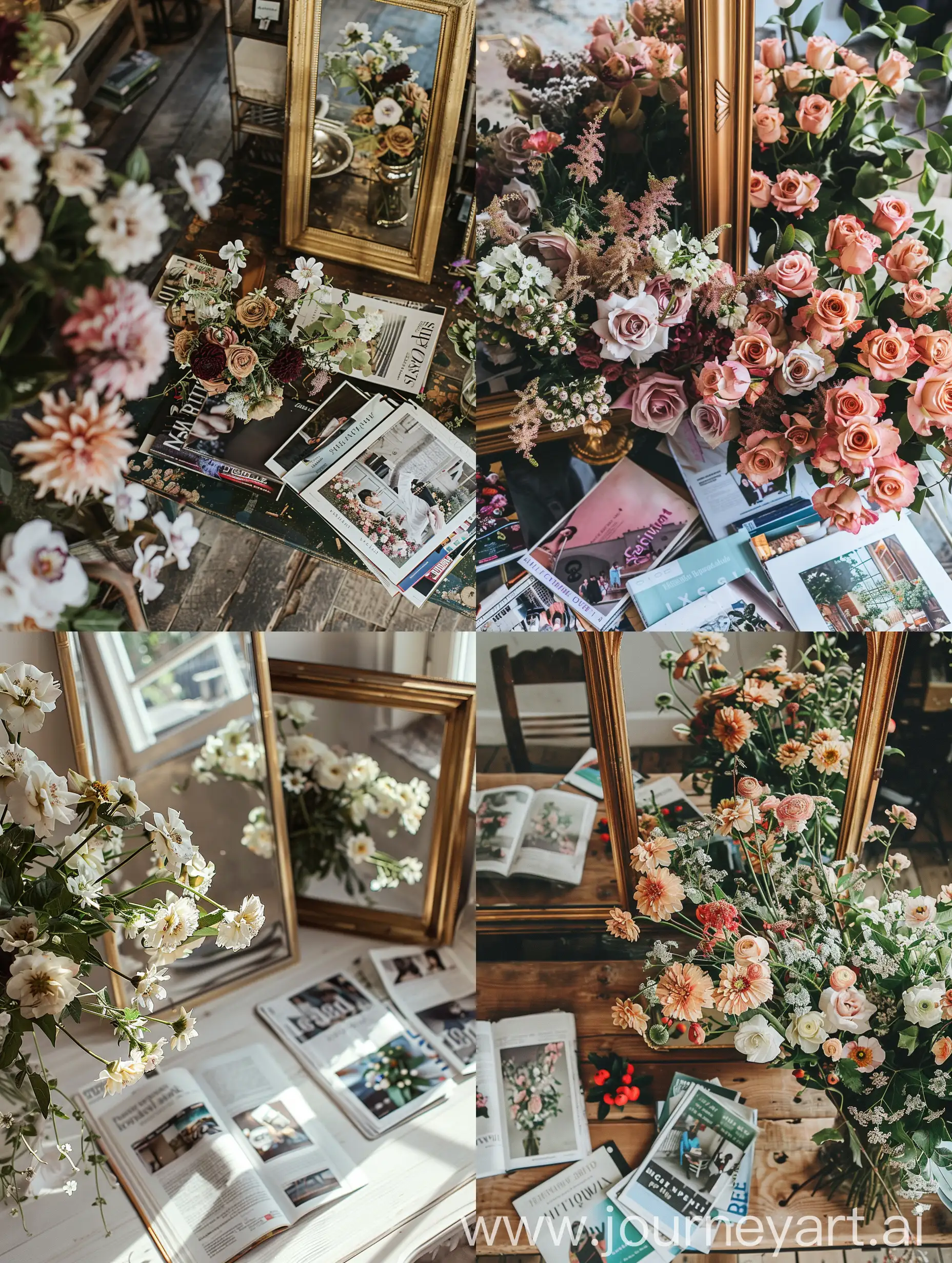Tabletop-Still-Life-with-Flowers-Magazines-and-Mirror-in-Golden-Frame