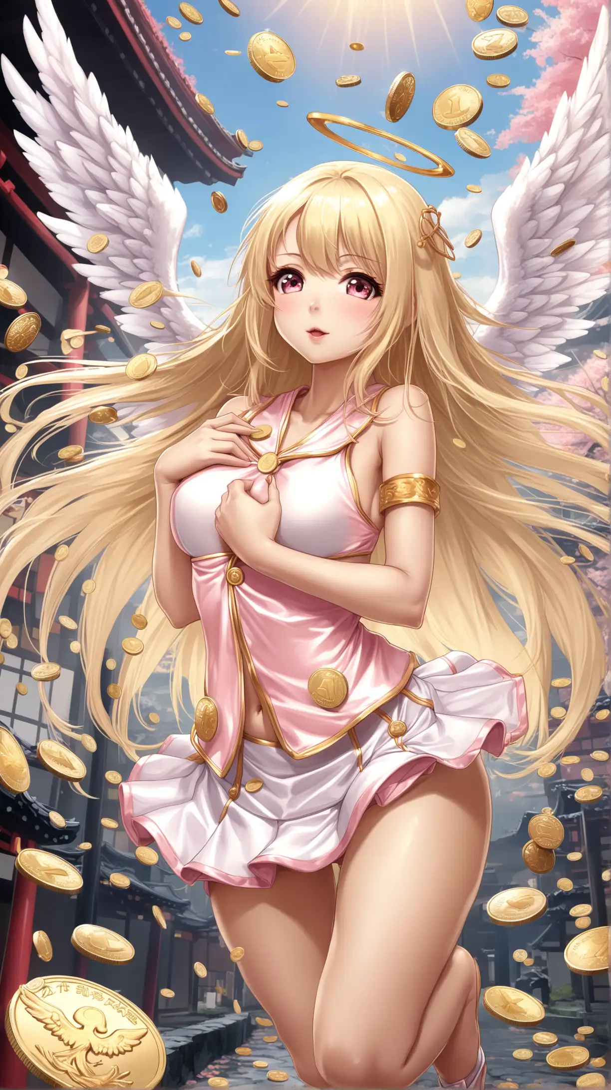 Draw a japan sexy girl , playful  ,sexy action , light pink angel costume, angel wing, sexy short outfit, mini skirt, blonde  long hair, coin,  fantastic background, medium shot.