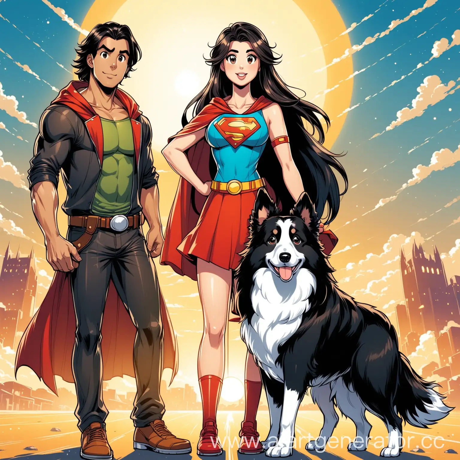 DarkHaired-Couple-with-Collie-Dog-Cartoon-Heroes-Illustration