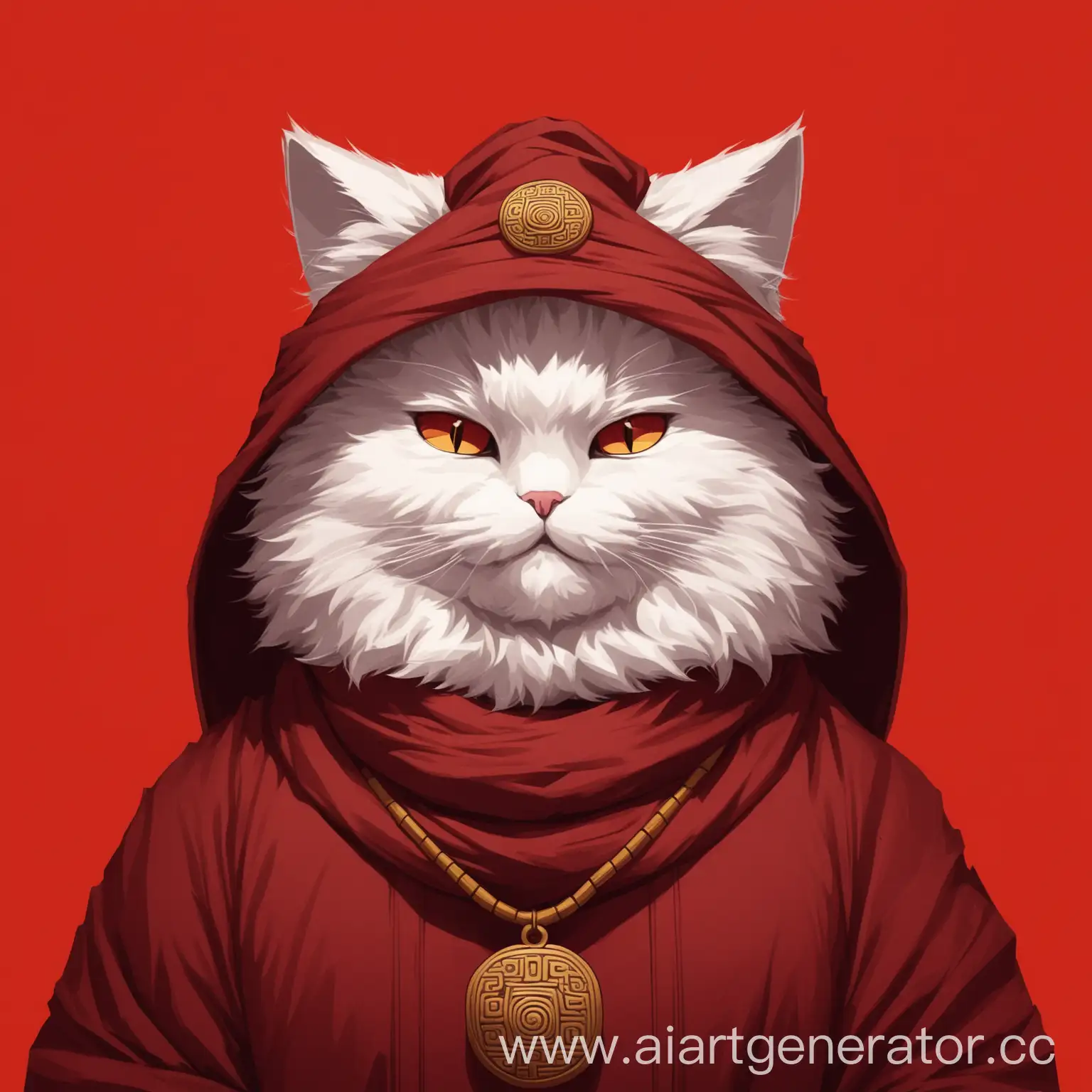 A fluffy cat on a red background is a temple robber