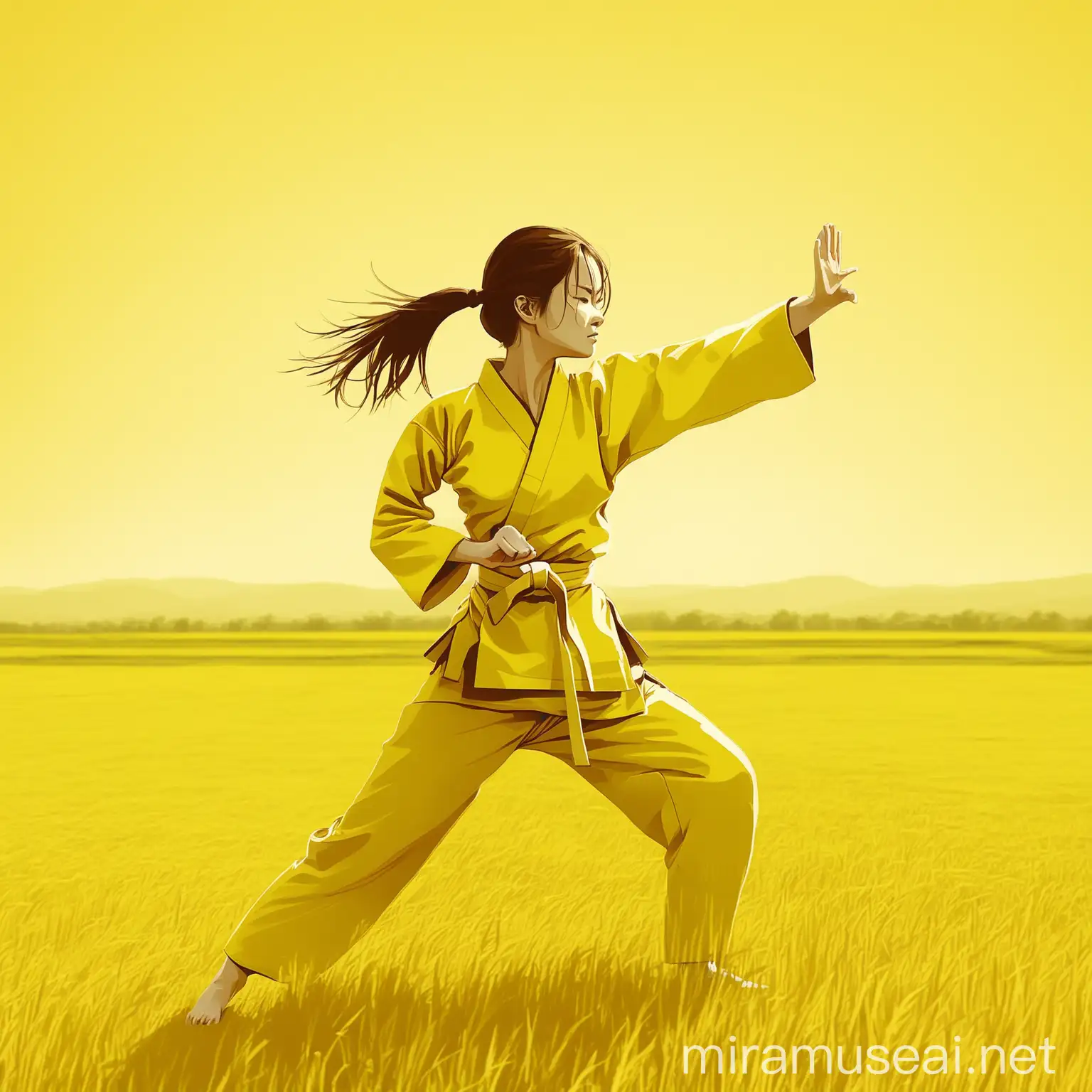 woman doing karate in field. yellow color theme.