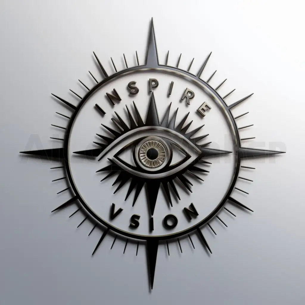 a logo design,with the text "Inspire Vision", main symbol:This emblem-style logo features an eye at the center surrounded by rays of light, reminiscent of a compass rose. The eye symbolizes clarity of vision, while the rays represent the spreading influence of inspiration. The overall design conveys a sense of direction and empowerment.,Moderate,clear background