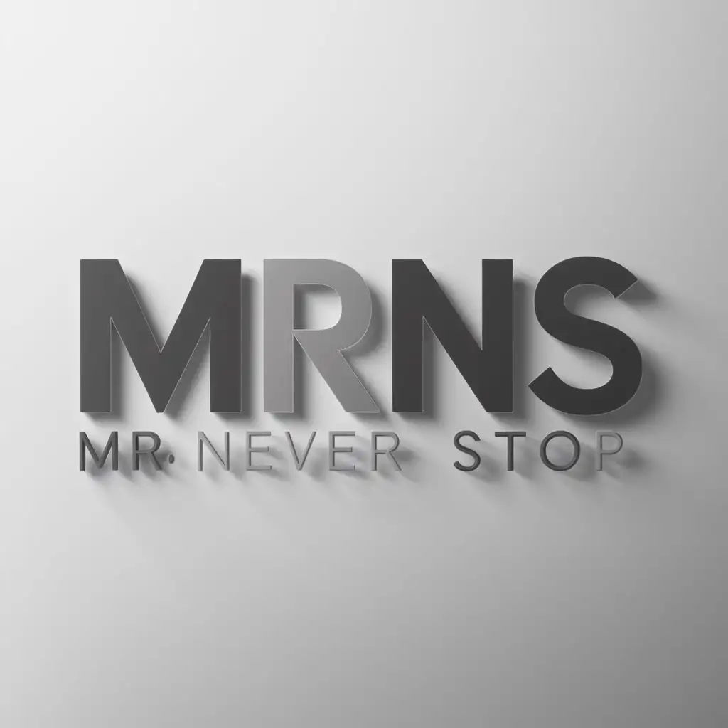 a logo design,with the text "Mr Never Stop", main symbol: Here is a suggested black and white logo design for "MRNS" or "Mr Never Stop":

The design features the name "MRNS" in large, bold letters, with "Mr Never Stop" written below in a smaller but still readable font size. To make the logo black and white, I have used different shades of gray to create contrast and depth. The "MRNS" text is in a thick, solid font weight, while "Mr Never Stop" is in a thinner, outline font weight. This helps to distinguish between the two levels of text and gives the logo a clean, modern look.

I hope this design meets your needs and provides a clear, professional representation of the "MRNS" or "Mr Never Stop" brand. Let me know if you have any questions or would like to see any further revisions.,Minimalistic,be used in Others industry,clear background