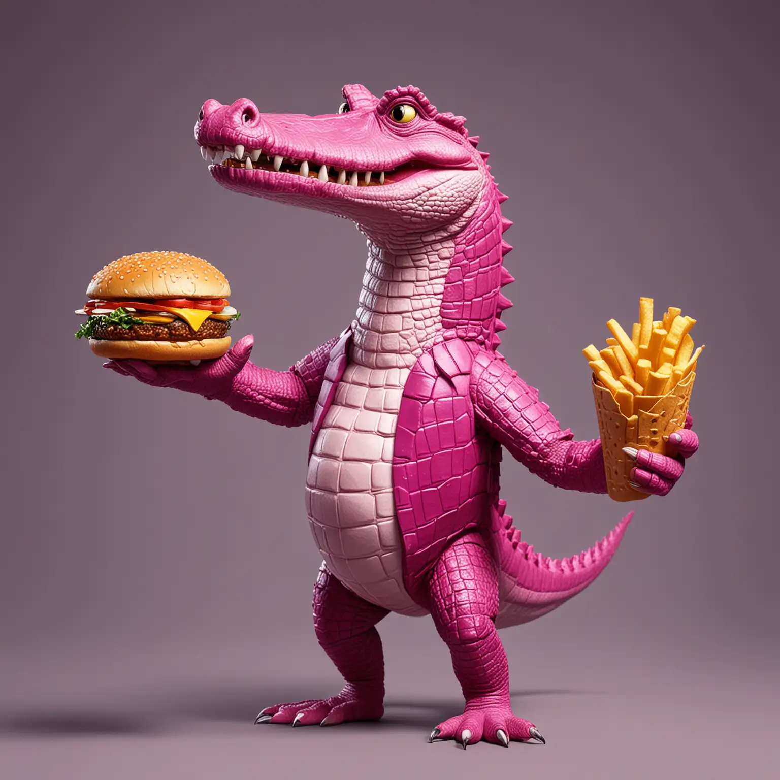 a magenta crocodile holding a hamburger in his hand. The crocodile is tall and skinny