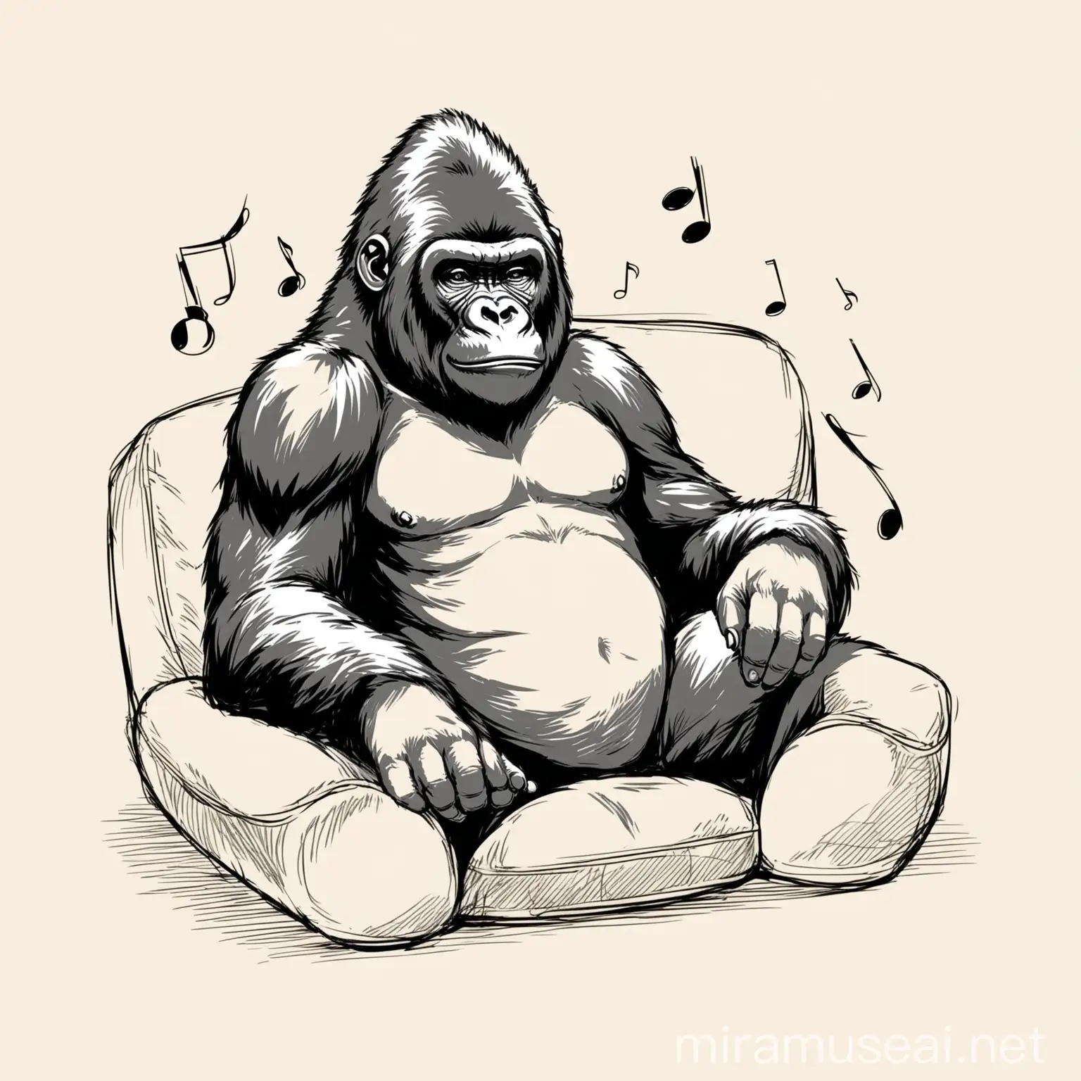 Relaxed Gorilla Enjoying Music Outline Sketch