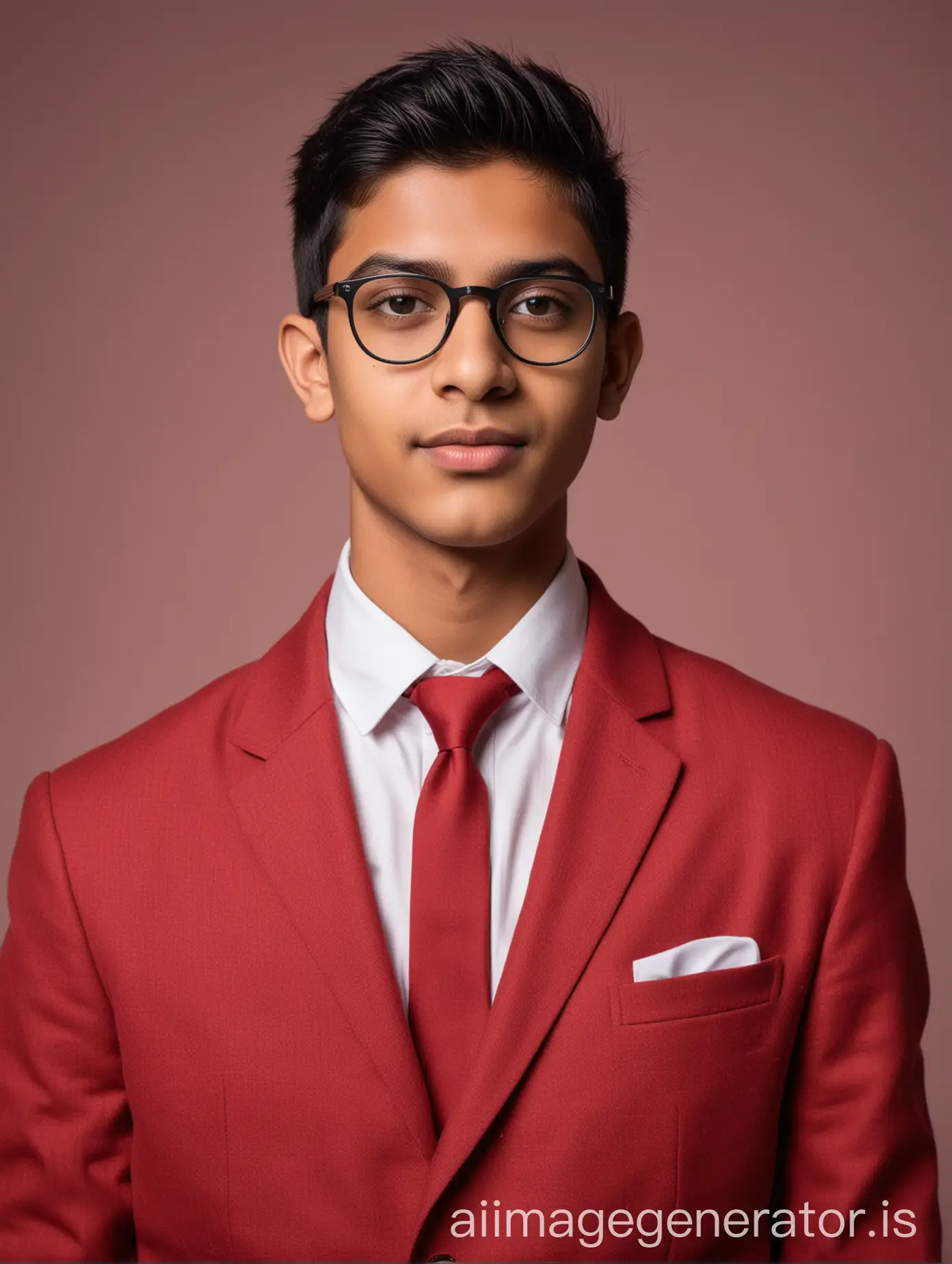 18 year old indian boy With fair skin Wearing spectacles and narrow body Posing for a linkedin picture in formalsformed red blazer light in background
