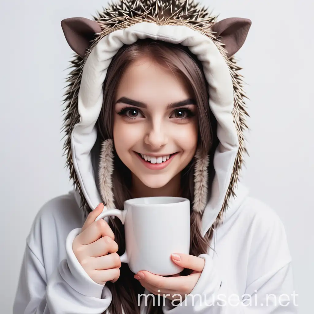 beautiful girl cosplay hedgehog in a hood with fur smiling with a square white mug on a white background