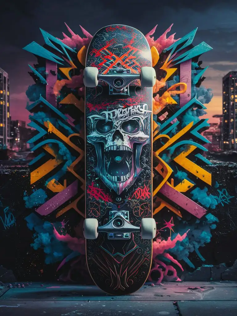bottom write '#one creations' against a complex 8k Skategraffitipunk 8k background featuring A 8k skateboard with a 8k graffiti-inspired design and a rebellious, punk rock vibe make use of the perfect color and lighting to make it breathtaking rfktrstyle