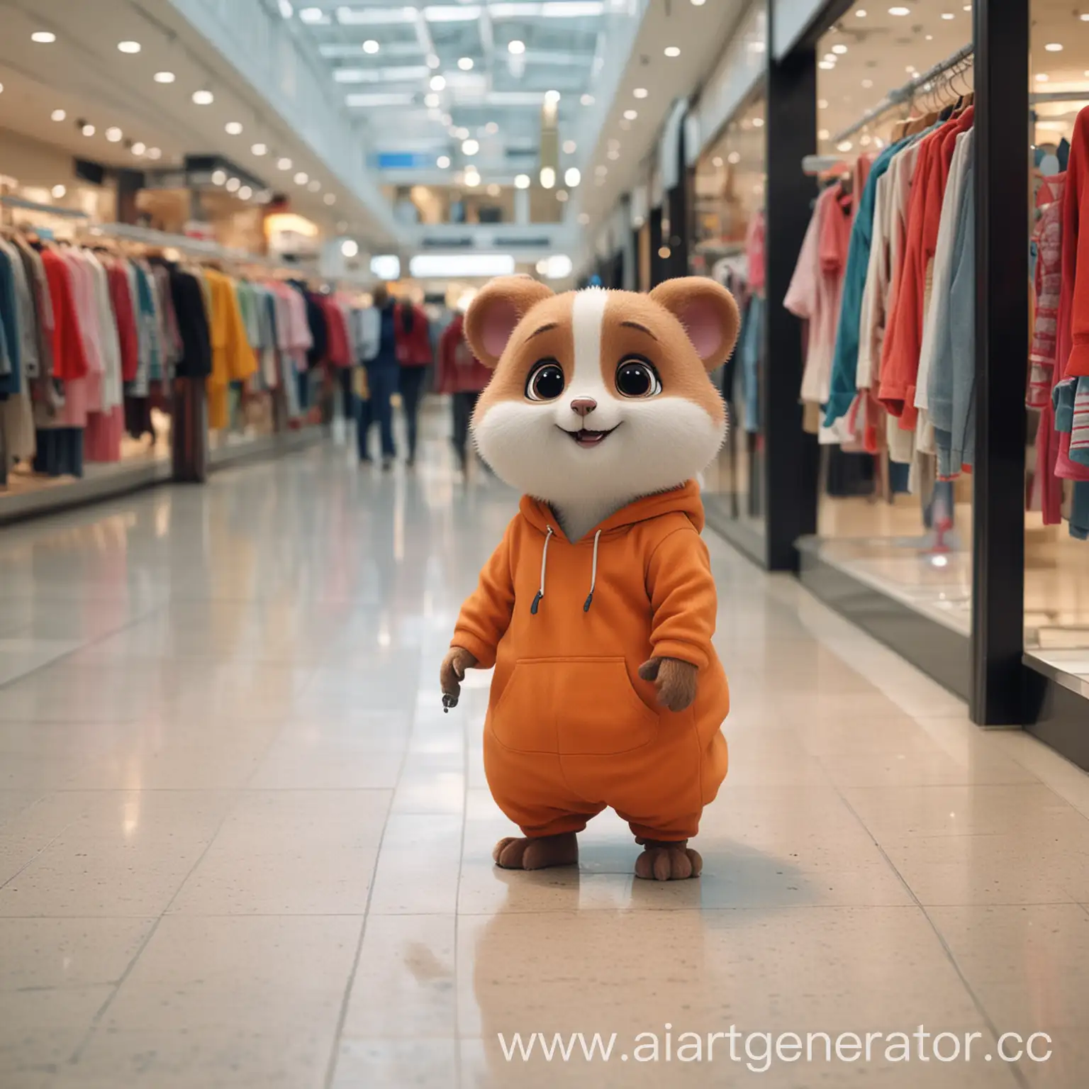 Draw a funny, cute picture for an advertisement, which should depict: a cute animal looking for, buying, clothes for itself in a shopping mall, 4k, full hd