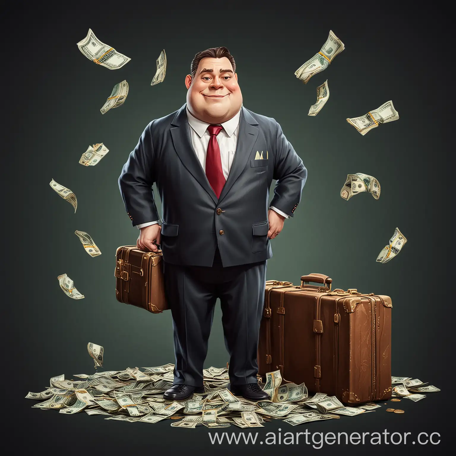 Wealthy-Cartoon-Millionaire-Surrounded-by-Cash-and-Suitcase