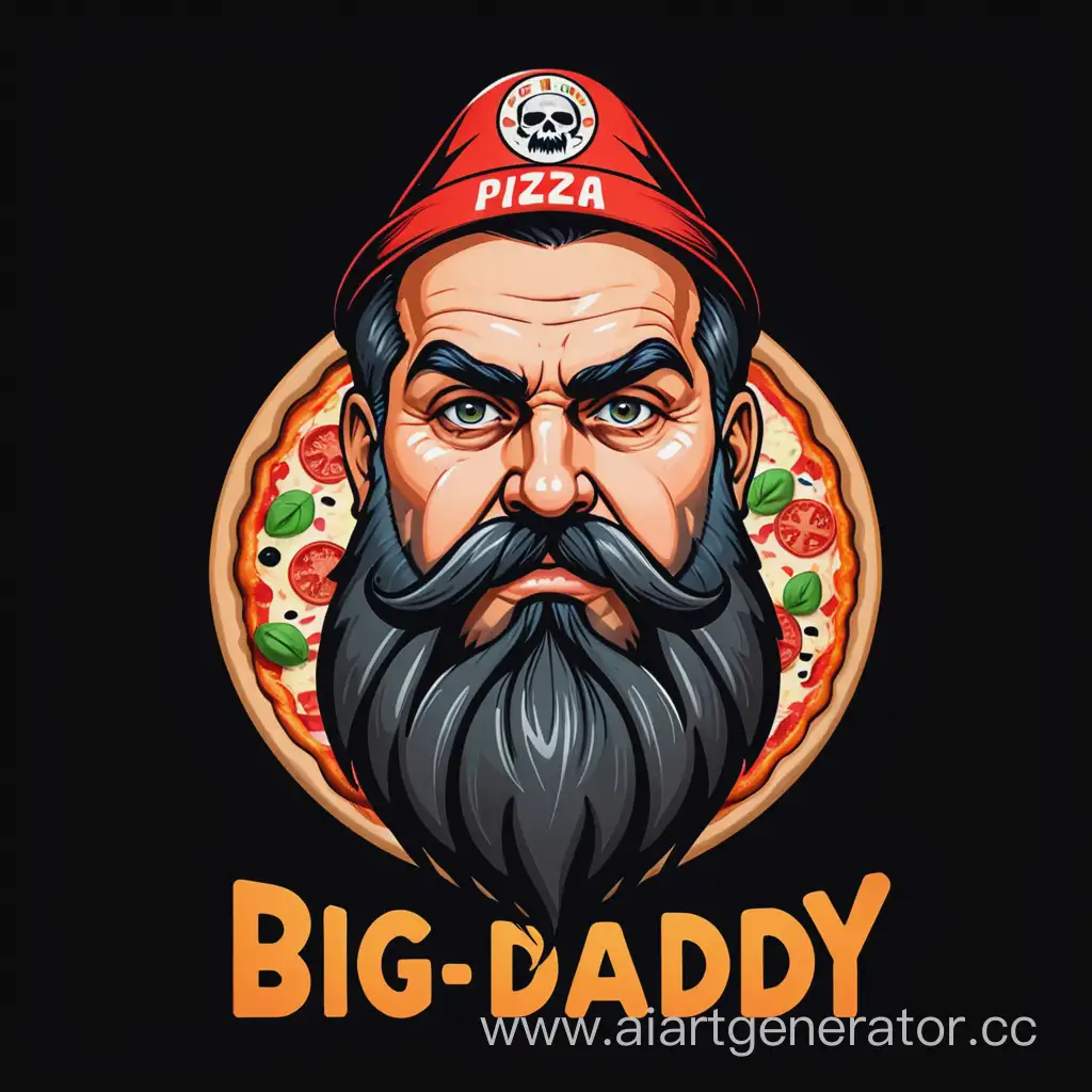 логотип пиццерии "Big Dady" большая папочка с чёрной бородой брутальный  с табличкой "размеры и цена пиццы " в стиле ар