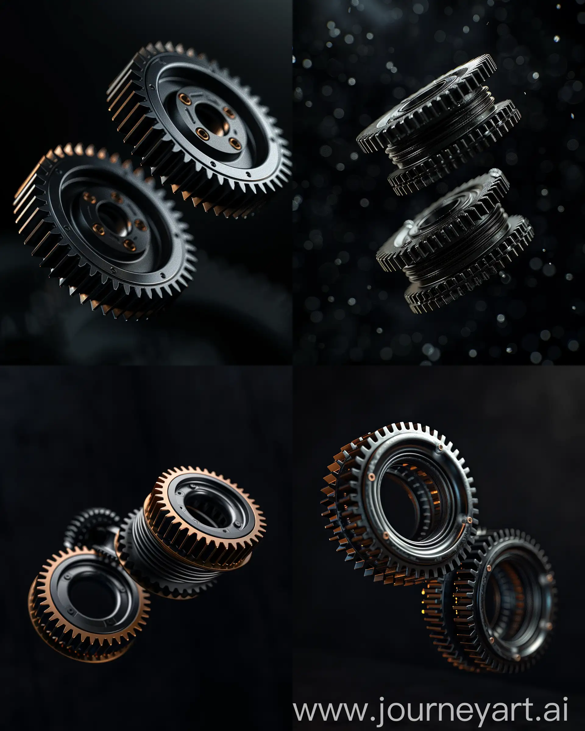 2 gears spinning floating on a black background, cinematic, high resolution, happy, highly detailed, cinematic lighting, film grain, atmospheric perspective, hyperrealistic , gritty, epic, like an Artstation masterpiece, with award-winning, raw, best quality photography in the style of a photo taken with a Hasselblad x2d camera --s 250 --ar 4:5