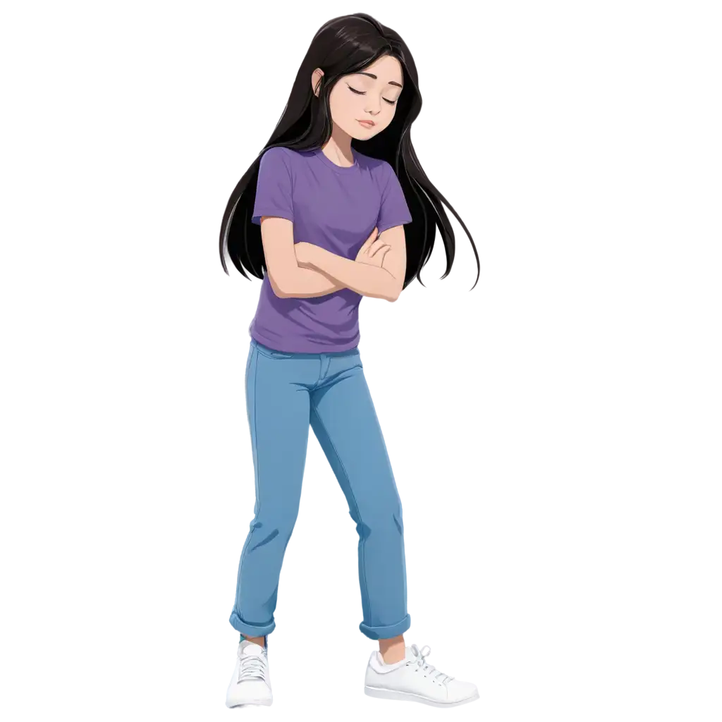 cartoon drawing: A beautiful little girl with white skin, big hazel eyes and long black hair but not to long. She sad crying. She is around 13 years old. She is wearing purple pants and a purple t-shirt and white shoes. She has white skin. she is surprised. She is putting her hands on her chest. She is closing her eyes. Make it more like a drawing and not like a photo. 