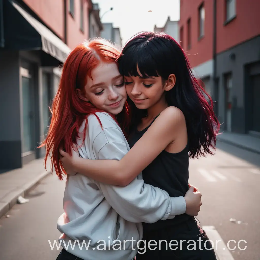 девушка с светло рыжими волосами и девушка с чёрными волосами  обнимаются на улице