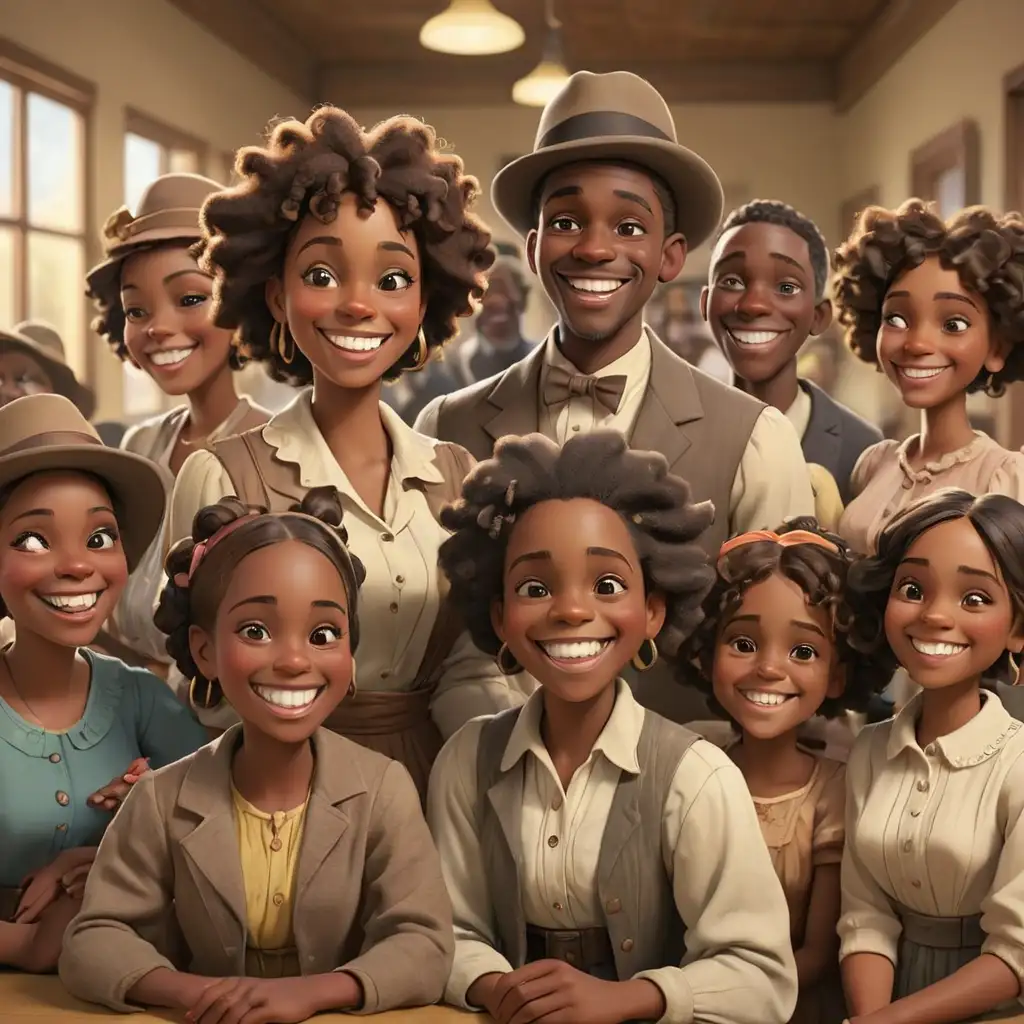 1900s defined 3 D cartoon style colorful african americans at the community center smiling in New Mexico