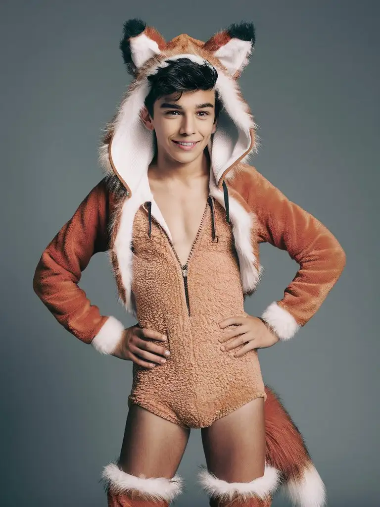 sherpa, teenage boy, romper with animal fur trim, fluffy fleece, sexy fox hoodie with ears (worn by crossdressing boy)