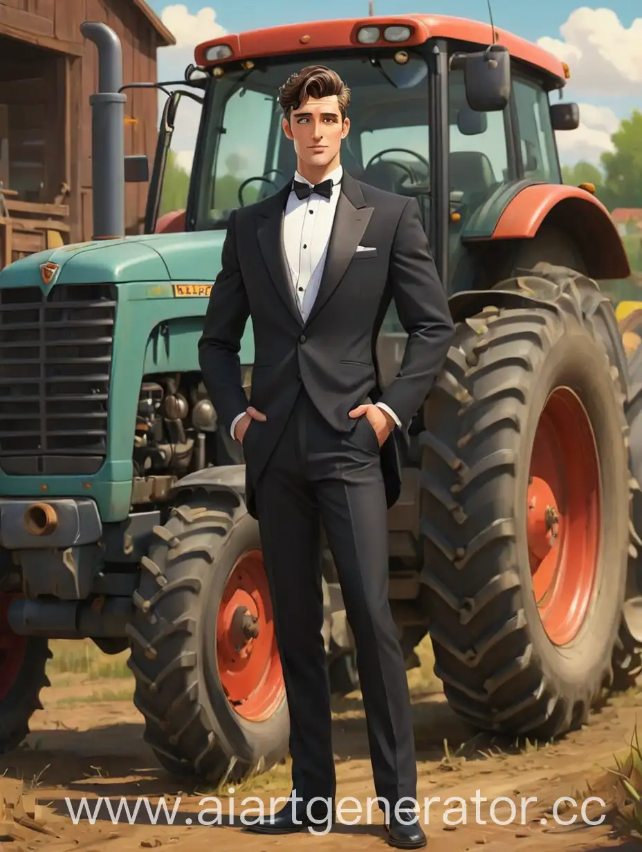 Cartoonish-Handsome-Man-in-Tuxedo-Standing-in-Front-of-Tractor