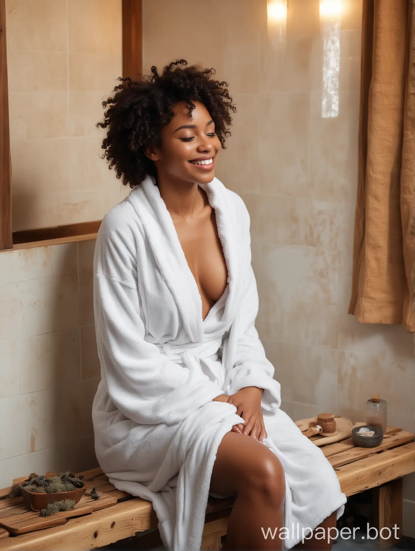 generate photo A sexy African American woman sitting on a bench in a white robe in the bathhouse, smiling relaxed. Her skin glistens from the steam, curly and wet hair. Next to her on the bench is a magazine with a poster of Sunny Spas. Around her you can hear the pleasant sound of steam and the smell of herbs, creating an atmosphere of coziness and tranquility. The woman enjoys the moment of rest and care for her body in this cozy corner of the bathhouse.